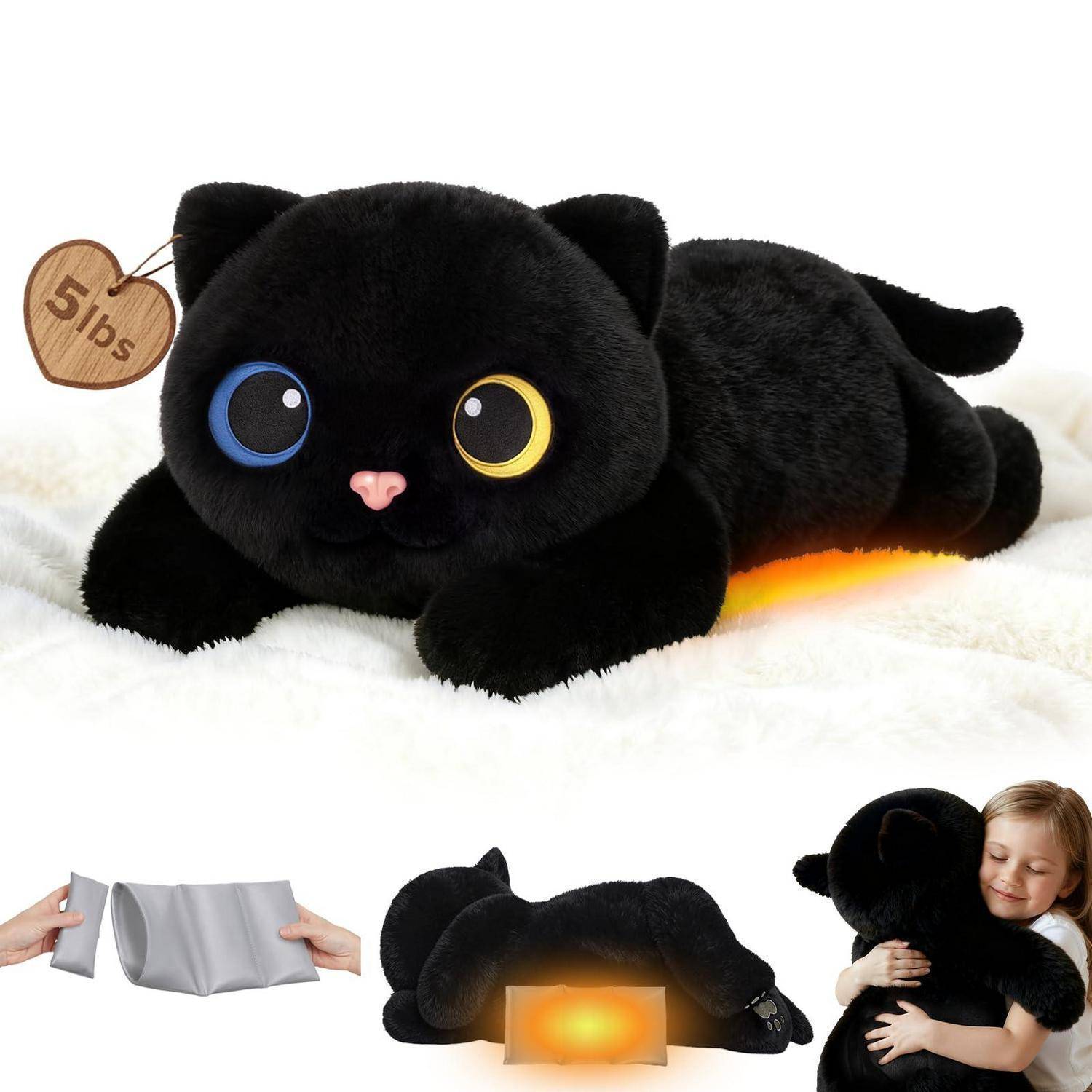 Schwarzes Plüsch-Katzenkissen mit ungleichmäßig blauen und gelben Augen und 