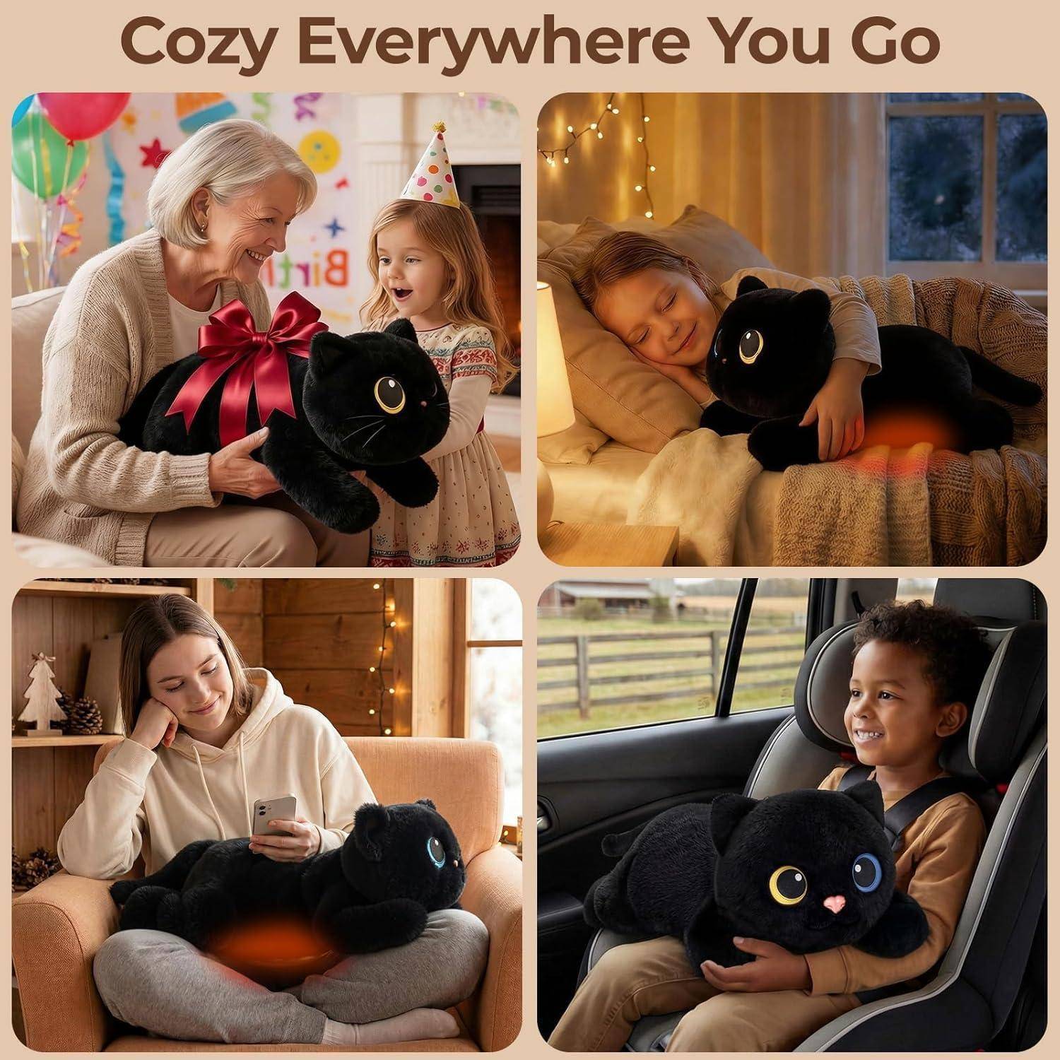 Mewaii Gewichteter Schwarze Katze Kuscheltier mit Mikrowellen-Wärmekissen – 2,3 kg Gewichtskuscheltier, Heizbar &amp; Kühlbar, Kinder und Erwachsene