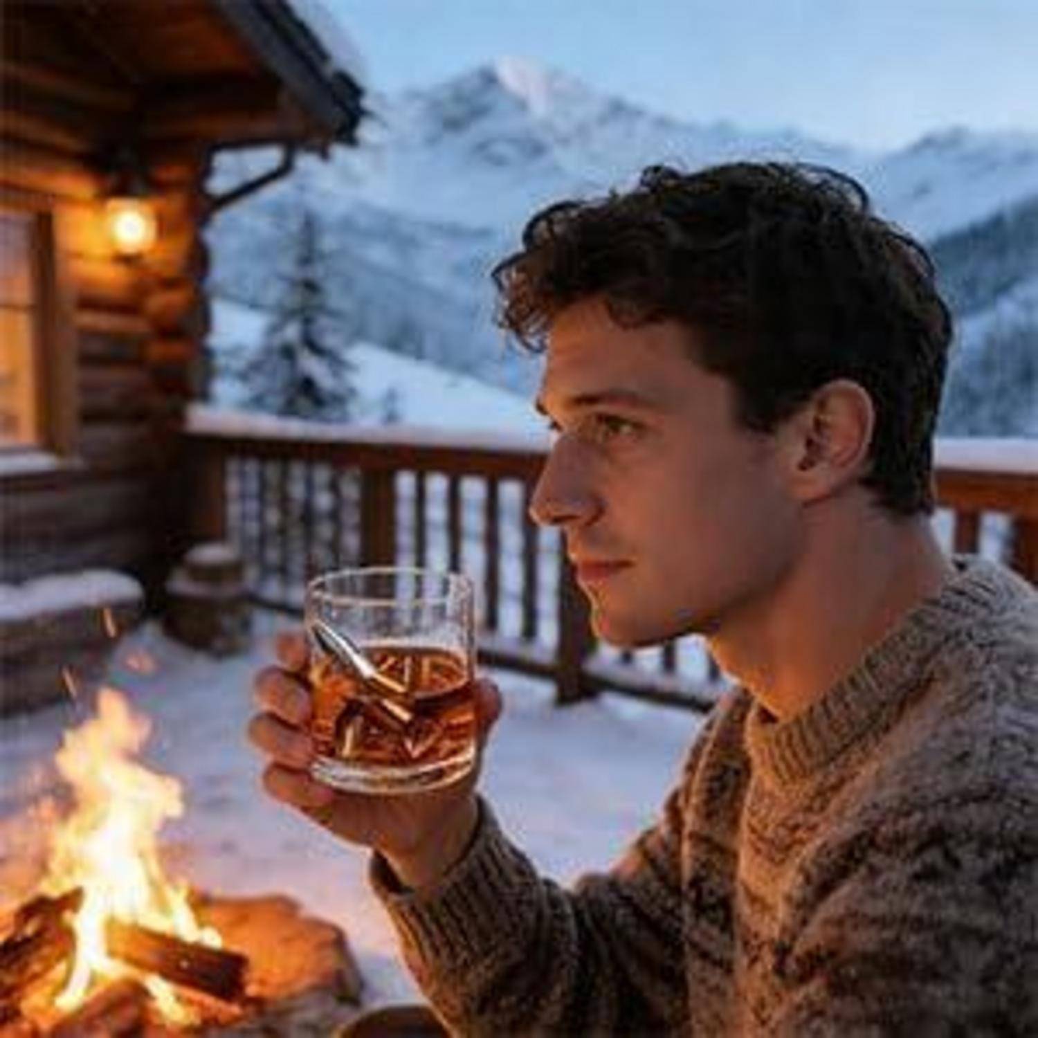 Ein Mann hält ein Glas Whiskey neben einem Kaminfeuer in einer verschneiten Hütte, mit Bergen im Hintergrund.
