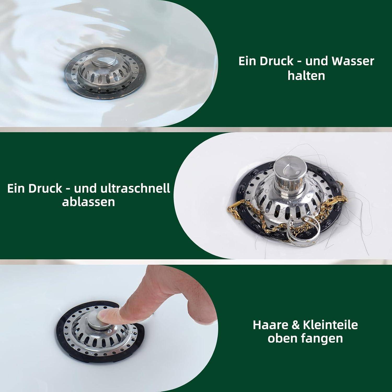 Dreifach-Paneel-Waschbeckenablauf-Anzeige mit einem Stopfen, der Wasser und Druck hält, schnell mit Druck ablässt und Haare sowie kleine Teile auffängt.