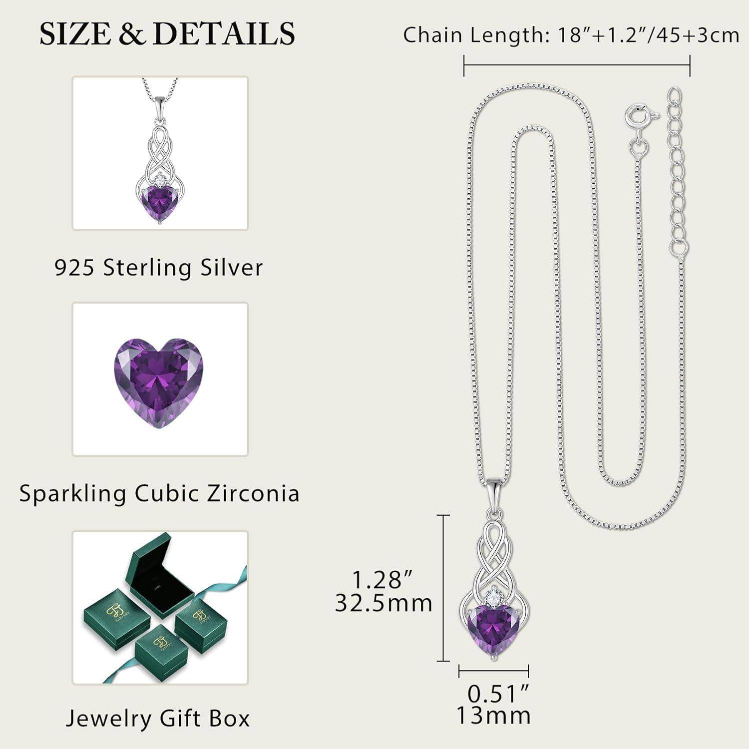 Produktdetail-Grafik einer 925er-Sterlingsilber-Halskette mit violettem Herz-Zirkonia-Anhänger, Kettenlänge 18+1,2/45+3 cm, Anhänger 1,28 Zoll x 0,51 Zoll, dargestellt mit Schmuck-Geschenkbox.