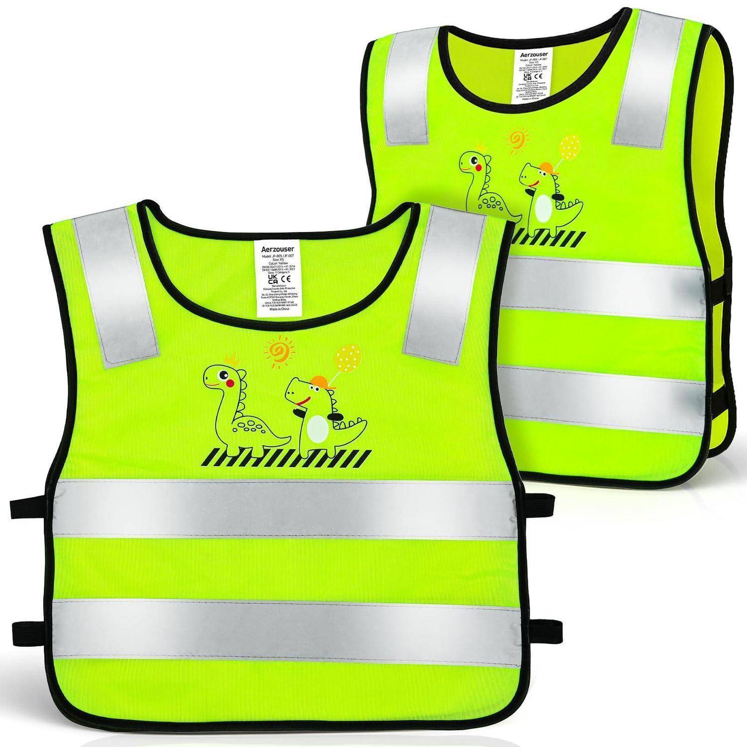 Zwei neonorange-gelbe Kindersicherheitswesten mit reflektierenden silbernen Streifen und Cartoon-Dinosaurier-Druck, von vorne und hinten gezeigt.