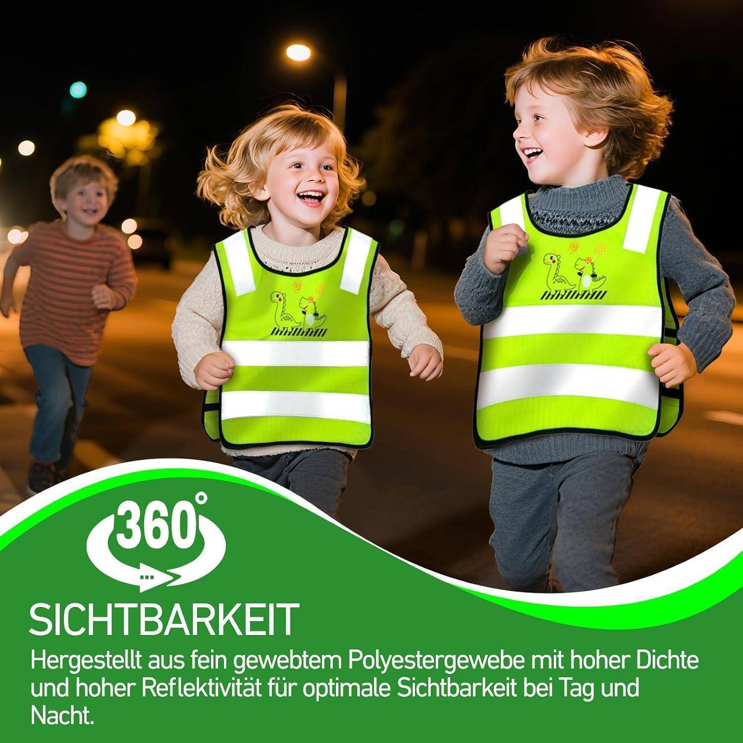 Drei Kinder, die nachts in leuchtenden reflektierenden Sicherheitswesten laufen; deutscher Text bewirbt 360°-Sichtbarkeit bei Tag und Nacht.