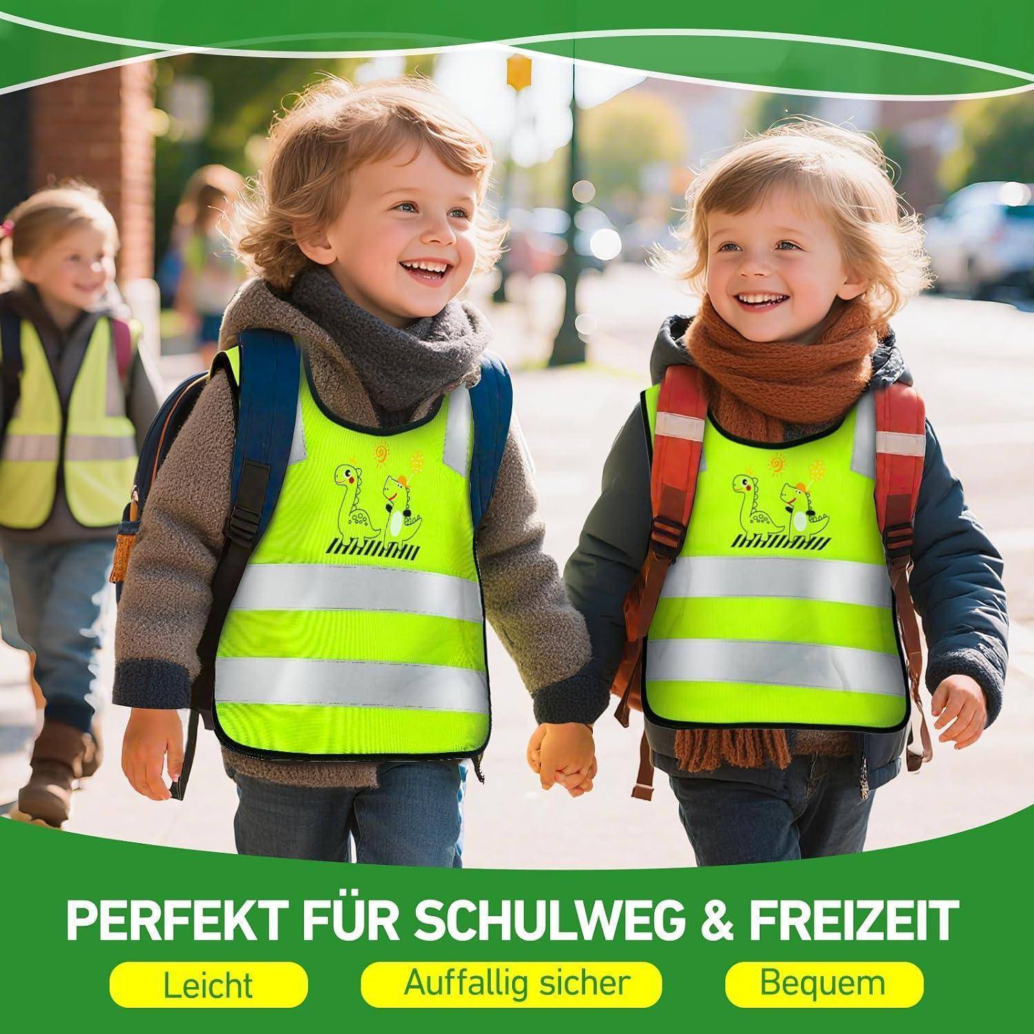 # Zwei lächelnde Kinder in leuchtenden reflektierenden Sicherheitswesten halten sich draußen an den Händen; Deutscher Text lautet „PERFEKT FÜR SCHULWEG & FREIZEIT" mit Etiketten „Leicht"", „Auffällig sicher"", „Bequem"".