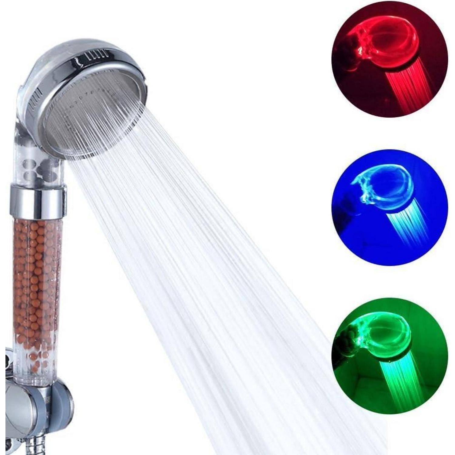 Tragbare Duschkopf mit fließendem Wasser, dargestellt mit roten, blauen und grünen LED-Beleuchtungsoptionen für farbwechselnde Duscheffekte.