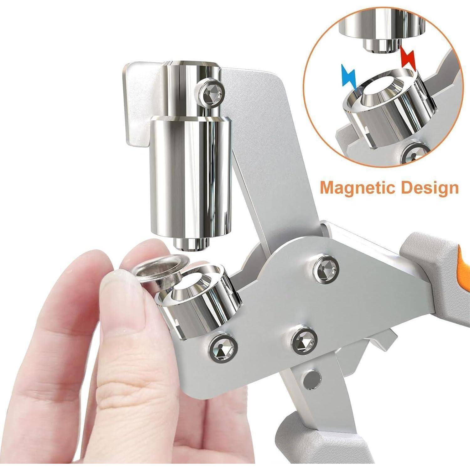 Nahaufnahme einer Hand, die ein metallisches Magnetwerkzeug mit einer "Magnetic Design""-Einfügung verwendet, wobei ein Zylinder durch magnetische Anziehung an Ort und Stelle gehalten wird.