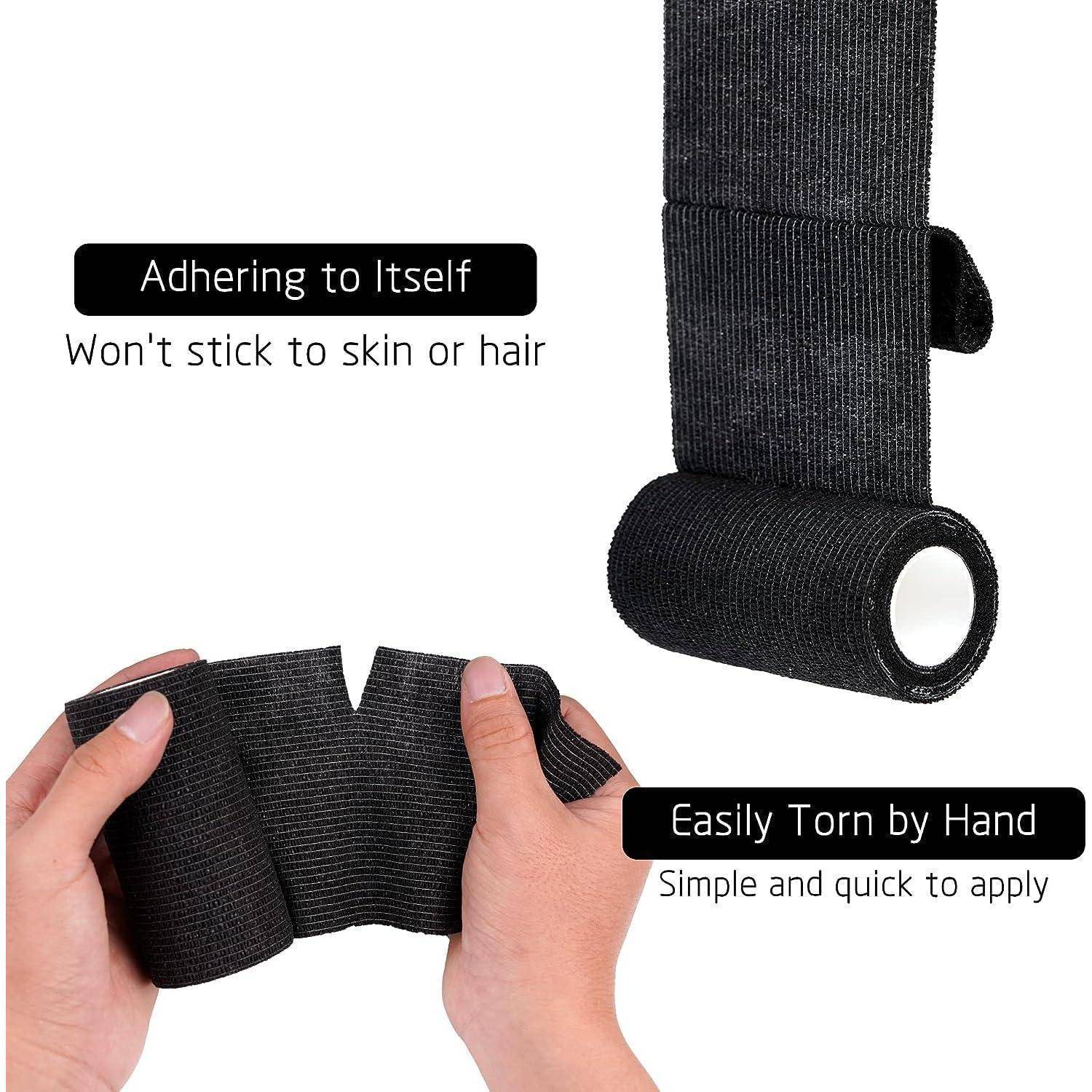 Schwarzes selbsthafte Klebeband wird von Hand zerrissen und um ein Handgelenk gewickelt gezeigt; der Text vermerkt, dass es an sich selbst haftet, nicht an Haut oder Haaren, und einfach anzulegen ist.