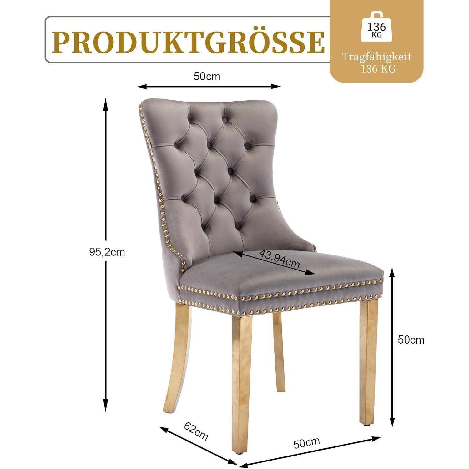 Produktabmessungen für einen gesteppten Esszimmerstuhl: 95,2 cm Höhe, 50 cm Breite/Tiefe, 62 cm Gesamttiefe, 43,94 cm Sitztiefen, Tragfähigkeit 136 kg.
