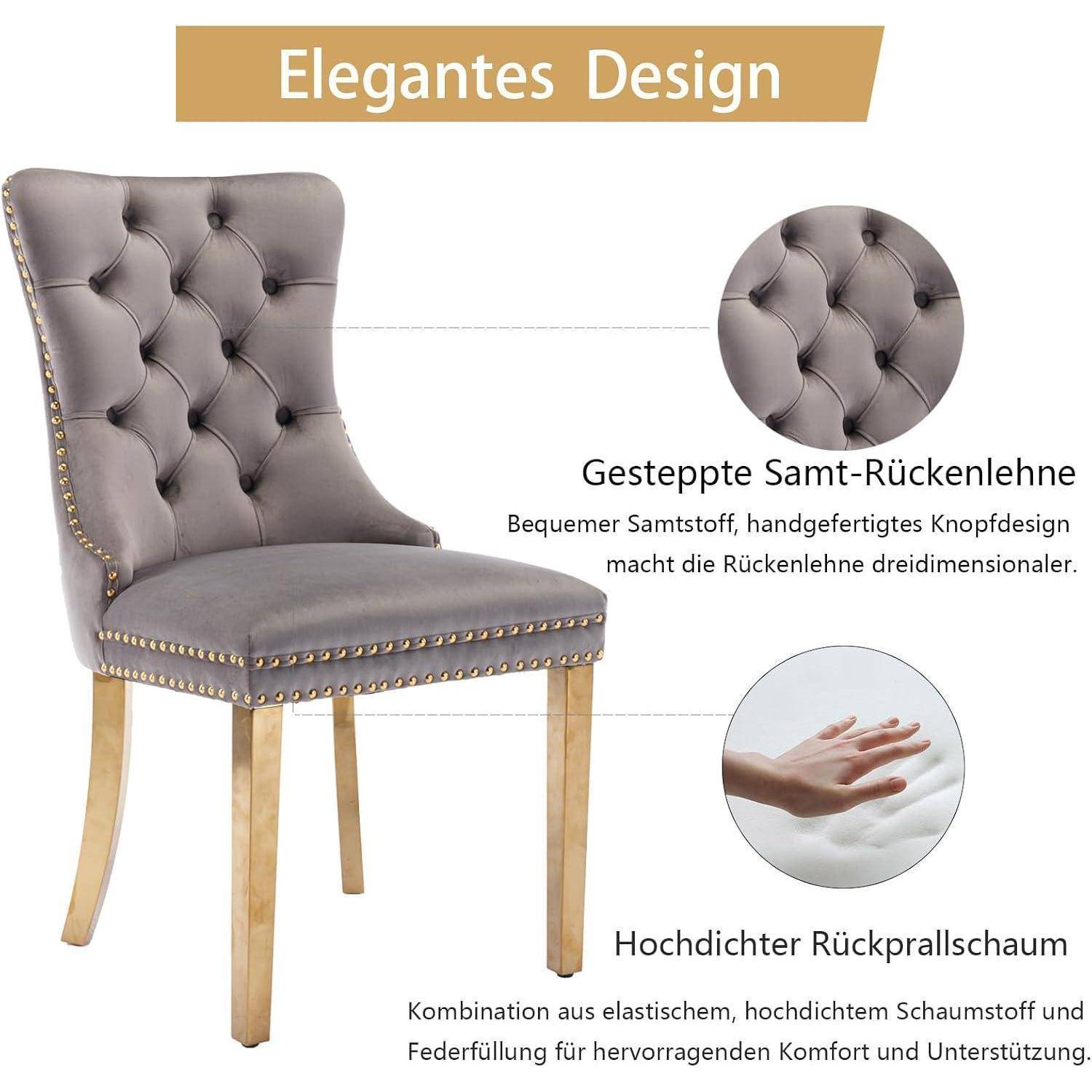 Shenyon Samt-Esszimmerstühle 2er Set, Küchenstühle 2er Set, gepolsterte Stühle mit hoher Rückenlehne, Nieten Dekoration und goldenen Edelstahlbei