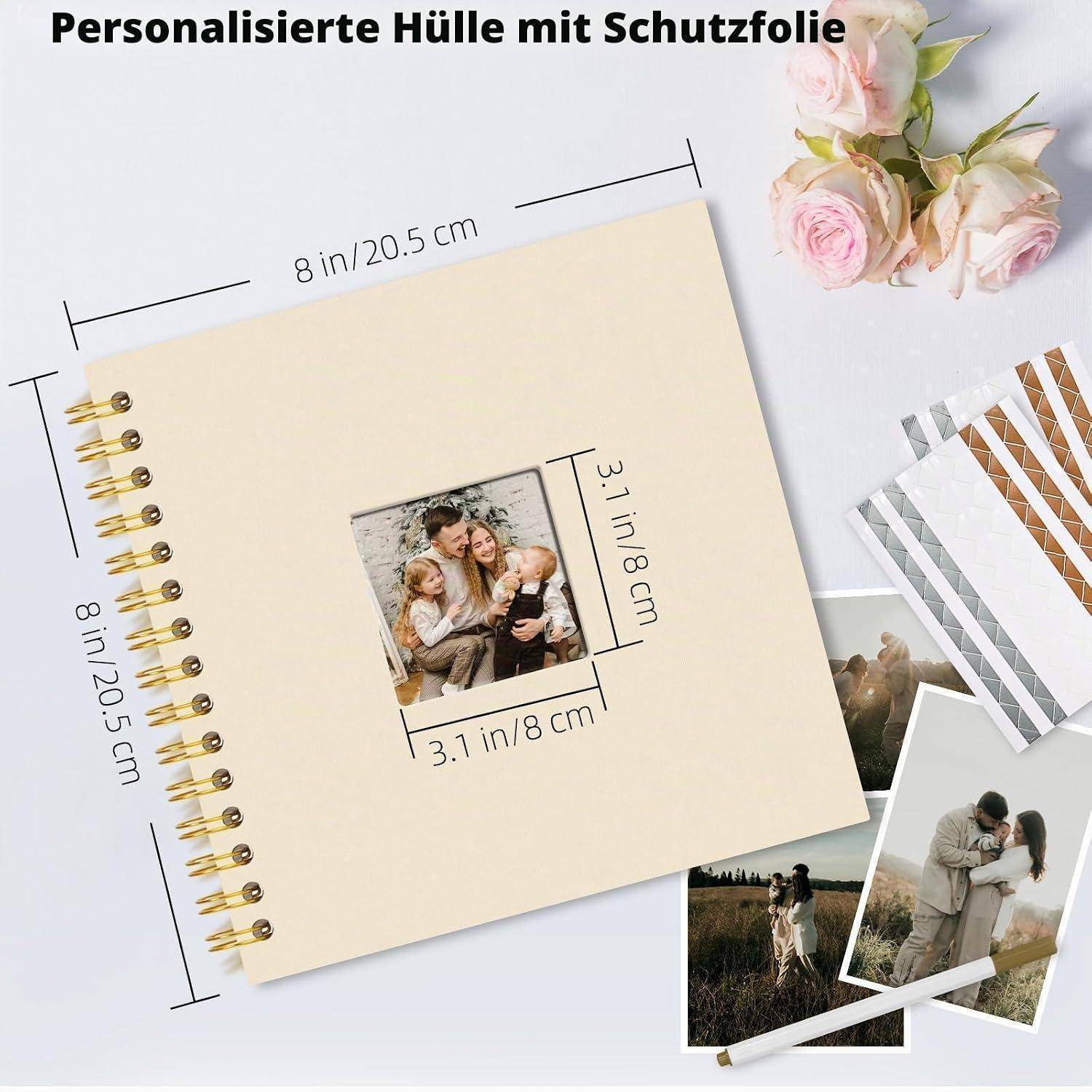 Quadratisches Spiral-Fotoalbum mit anpassbarem Cover und Schutzhülle, zeigt 8 x 8 Zoll Größe und 3,1 x 3,1 Zoll Fotofläche.