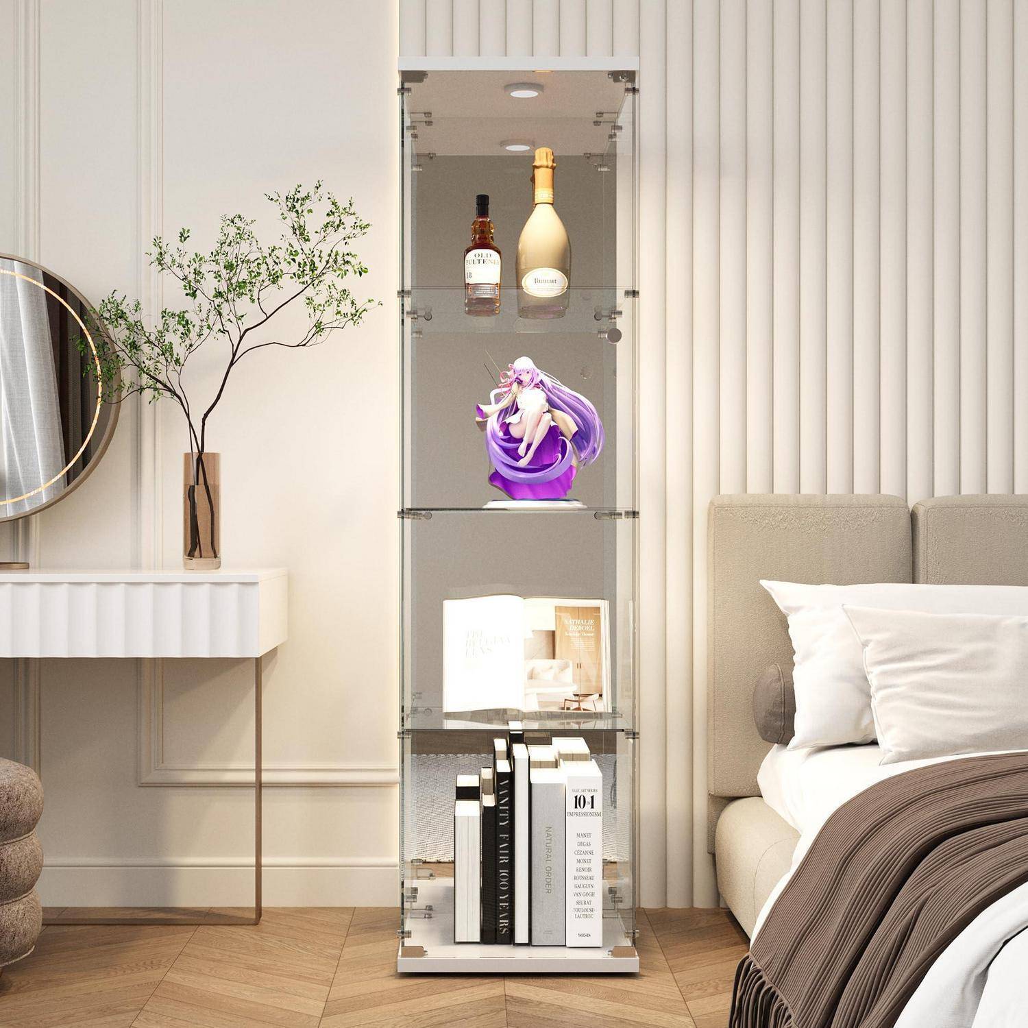 Glasvitrine Stehend mit LED, Standvitrine aus Gehärtetem Glas mit 1 Tür und 4 Einlegeböden, Abschließbare Sammlervitrine mit Spiegelrückwand, fü