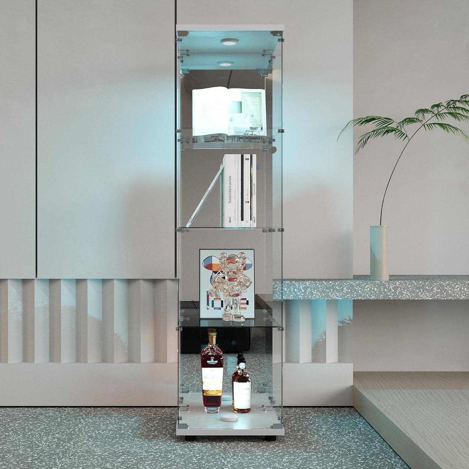 Glasvitrine Stehend mit LED, Standvitrine aus Gehärtetem Glas mit 1 Tür und 4 Einlegeböden, Abschließbare Sammlervitrine mit Spiegelrückwand, fü