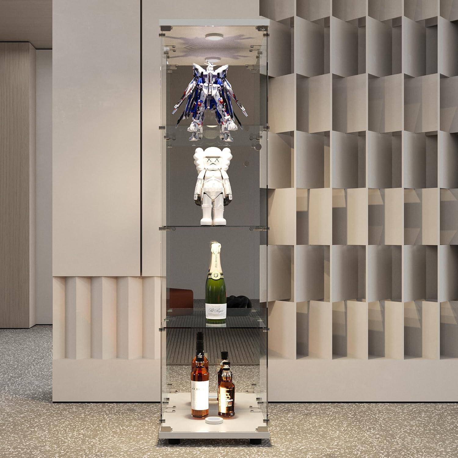 Glasvitrine Stehend mit LED, Standvitrine aus Gehärtetem Glas mit 1 Tür und 4 Einlegeböden, Abschließbare Sammlervitrine mit Spiegelrückwand, fü