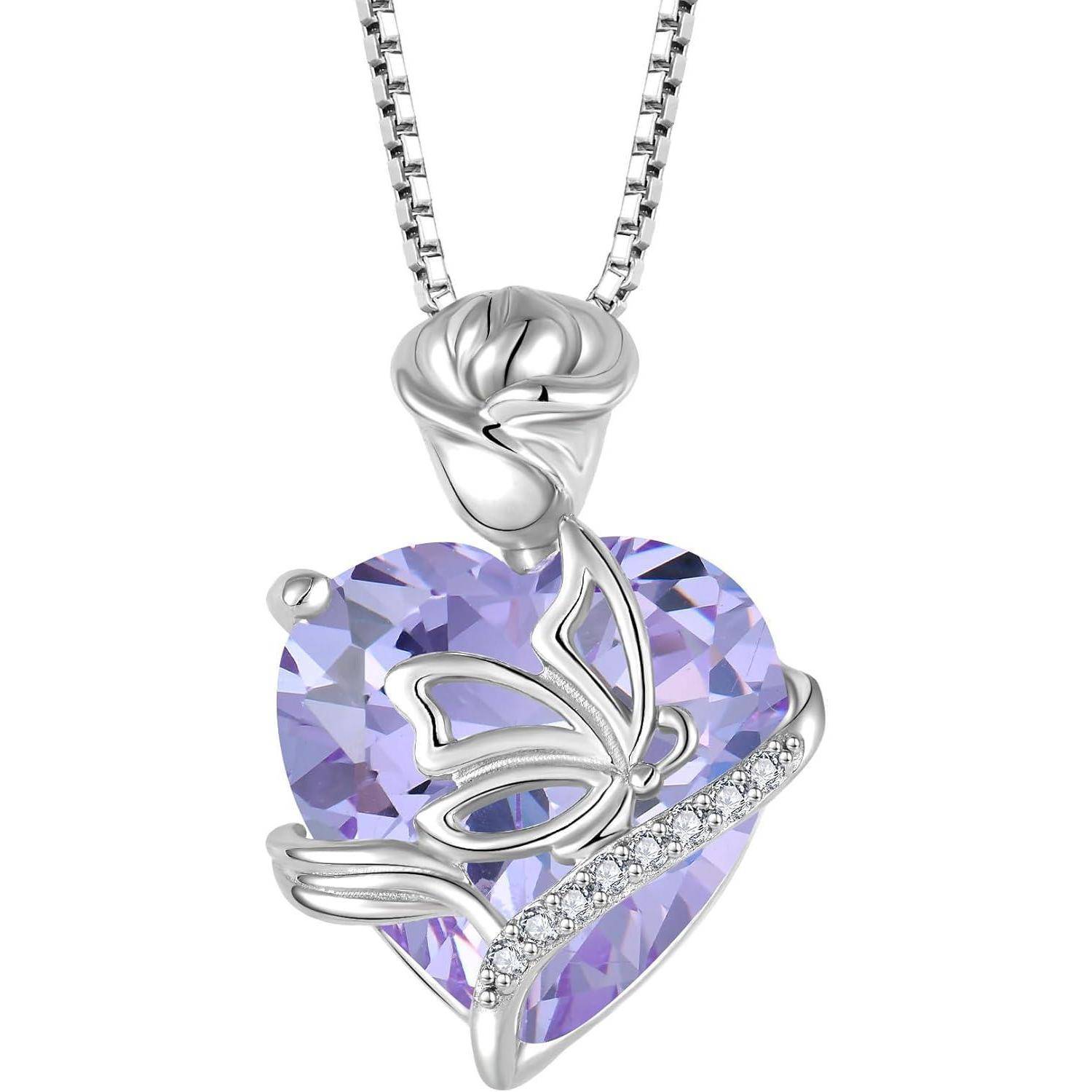 FJ Herz Geburtsstein Kette Damen 925 Sterling Silber Schmetterling Kette Anhänger Rose Blume Halskette Schmuck Geschenke für Frauen Mutter Freundin
