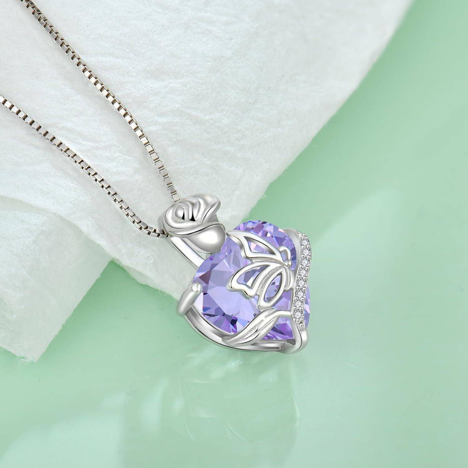 FJ Herz Geburtsstein Kette Damen 925 Sterling Silber Schmetterling Kette Anhänger Rose Blume Halskette Schmuck Geschenke für Frauen Mutter Freundin