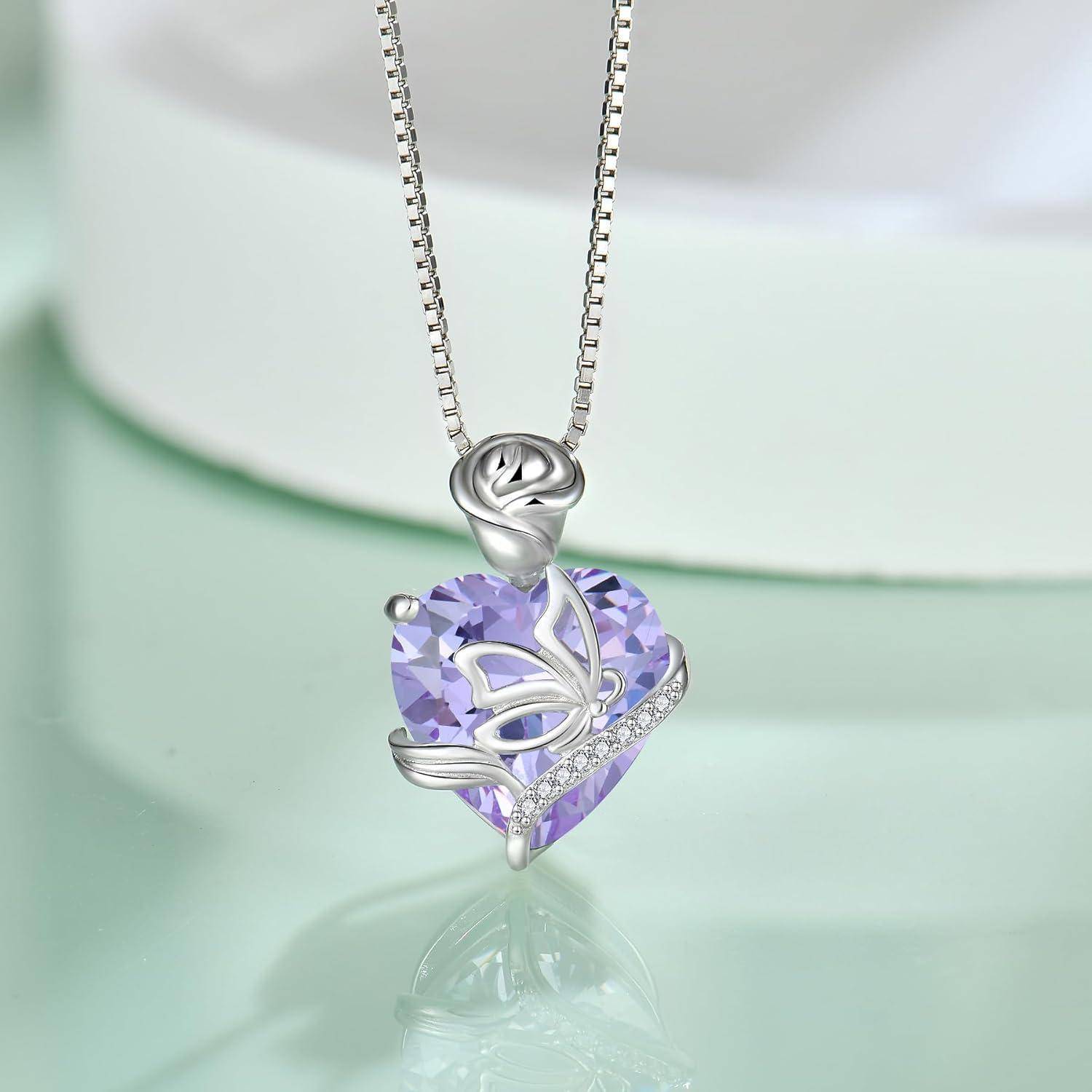 FJ Herz Geburtsstein Kette Damen 925 Sterling Silber Schmetterling Kette Anhänger Rose Blume Halskette Schmuck Geschenke für Frauen Mutter Freundin
