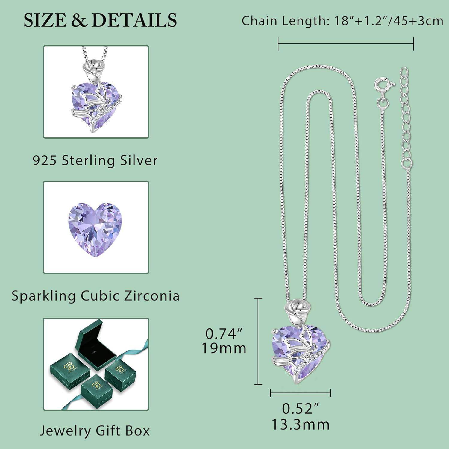 FJ Herz Geburtsstein Kette Damen 925 Sterling Silber Schmetterling Kette Anhänger Rose Blume Halskette Schmuck Geschenke für Frauen Mutter Freundin
