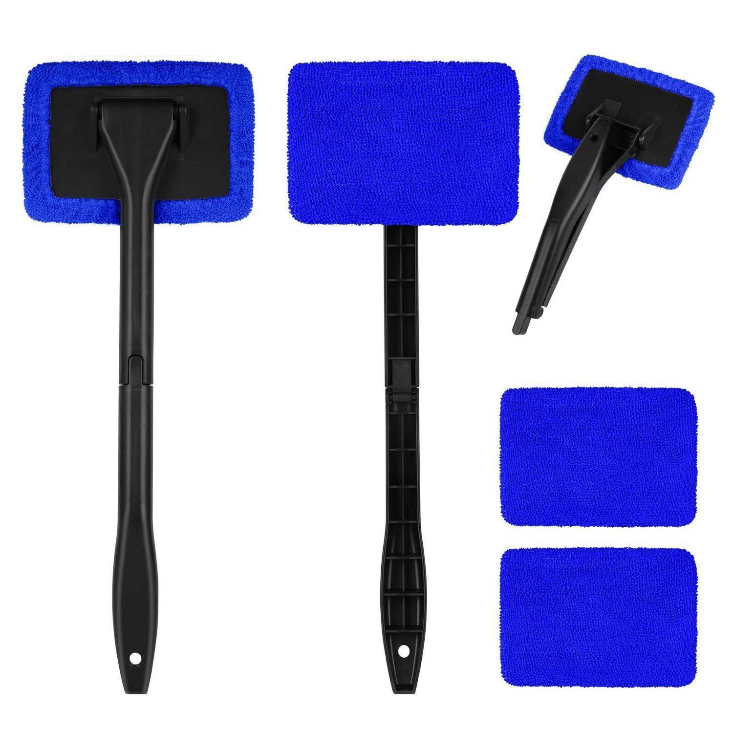 Blauer Mikrofaser-Fensterabzieher mit schwarzem Griff, gezeigt von vorne, hinten und in schräger Ansicht, mit zwei zusätzlichen Ersatzauflagen auf der rechten Seite.