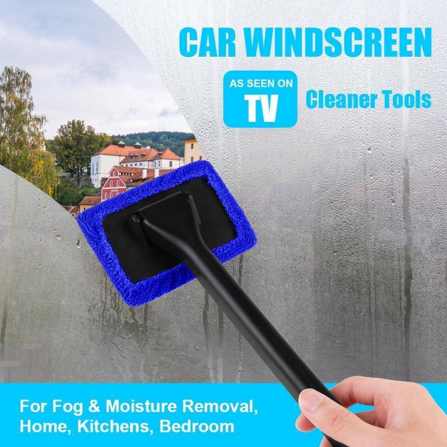 Werbung für einen Autofensterreiniger gegen Nebel und Feuchtigkeit mit einer blauen Quetschwischerbürste auf einem feuchtem Fenster, mit 