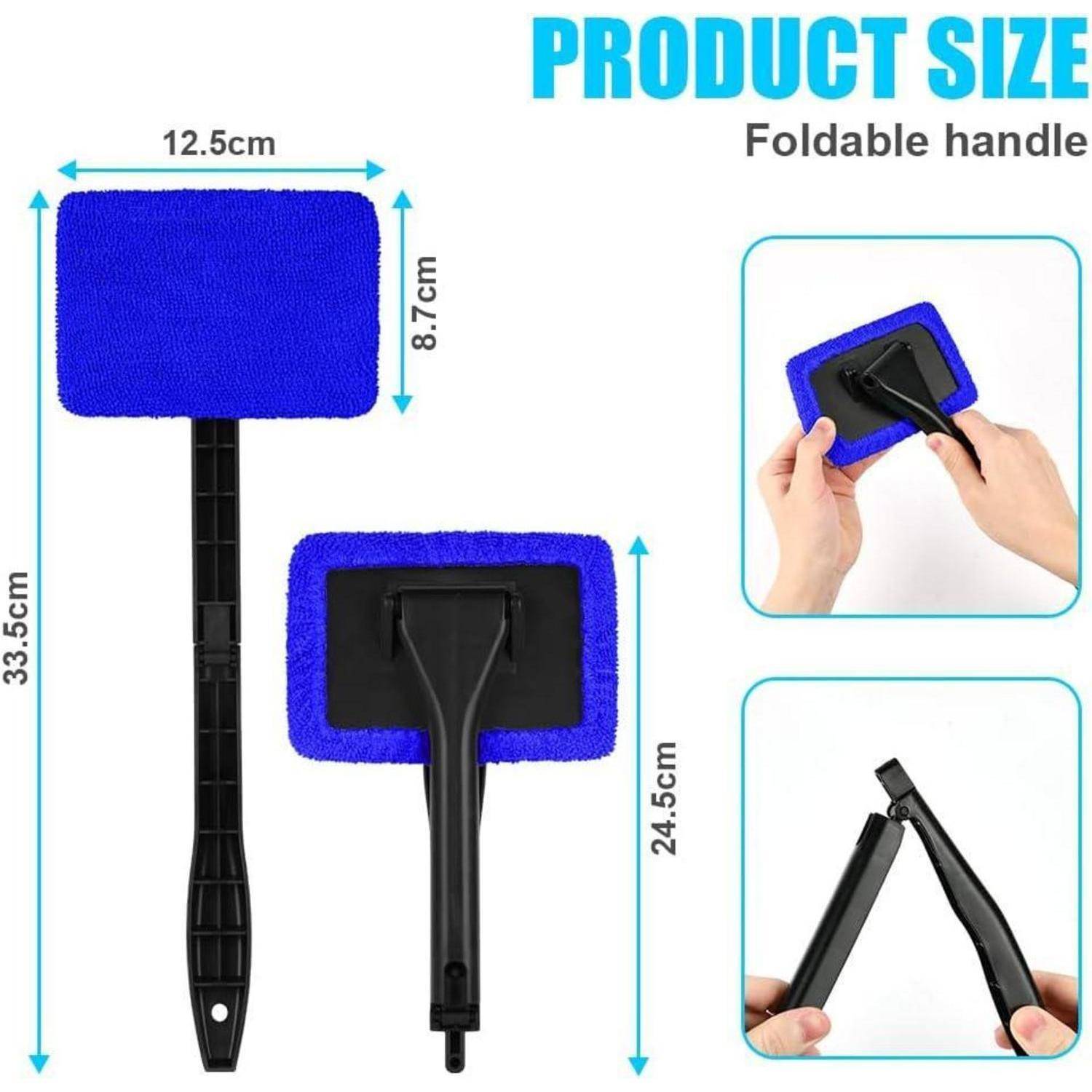 Produktgrößen-Diagramm einer faltbaren blauen Bürste mit klappbarem Griff: Kopf 12,5 x 8,7 cm, Gesamtlänge 33,5 cm ausgeklappt und 24,5 cm zusammengeklappt, mit Nahaufnahmen des klappbaren Griffs.