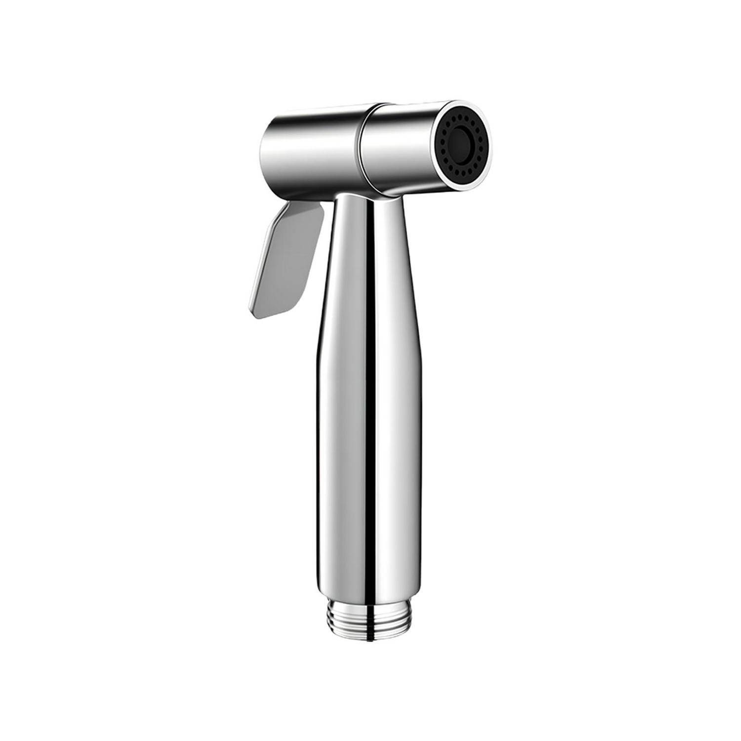 Chrome-Handbidet-Sprayer-Düse mit Auslösegriff, isoliert auf weißem Hintergrund.