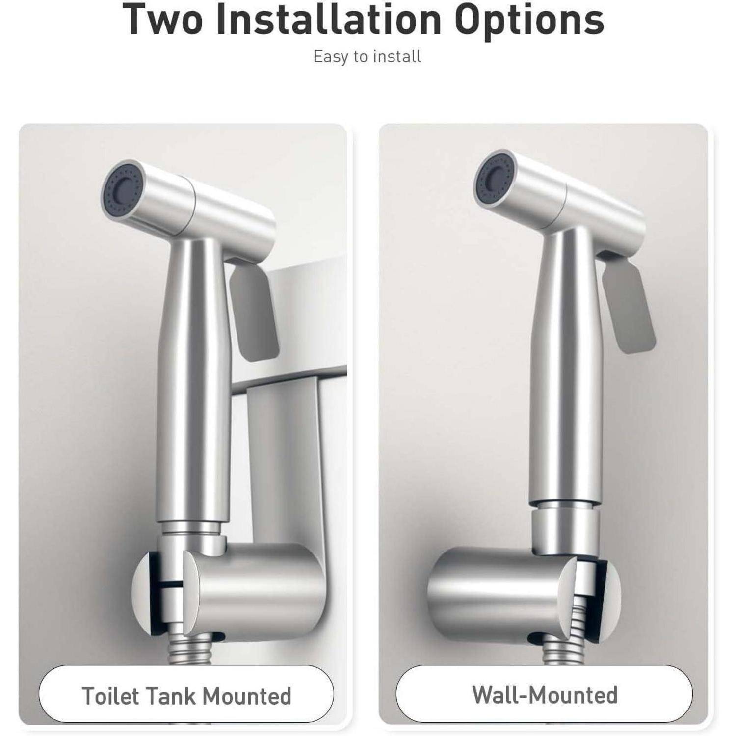 Vergleichsgrafik, die zwei Installationsmöglichkeiten für einen tragbaren Bidet-Sprayer zeigt: Montage am Toilettentank und Wandmontage.