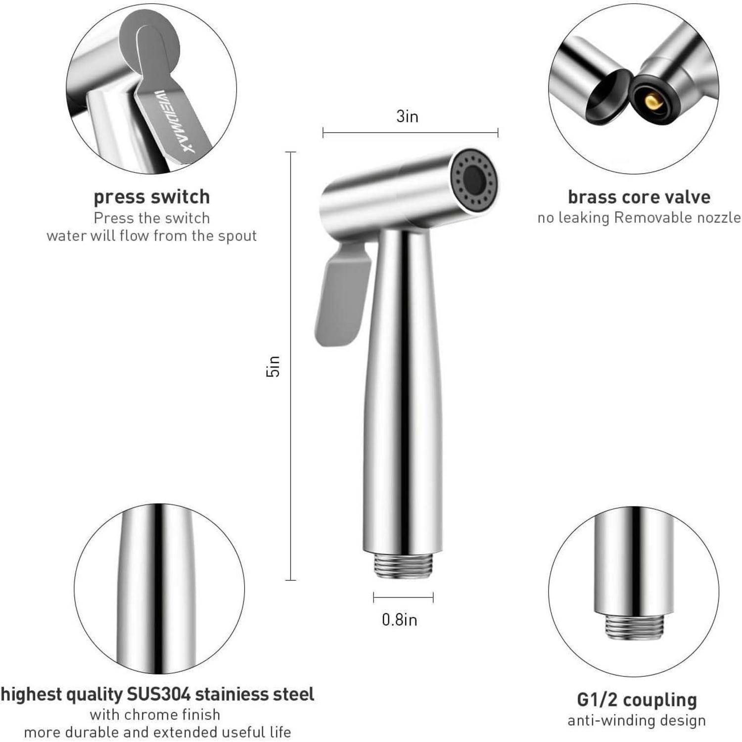 Produktdiagramm eines tragbaren Bidet-Sprühers mit einer Druckschalter, Messingkernventil, SUS304-Edelstahlgehäuse und G1/2-Kupplung, mit Größenbezeichnungen von 5 Zoll Höhe und 3 Zoll Breite.