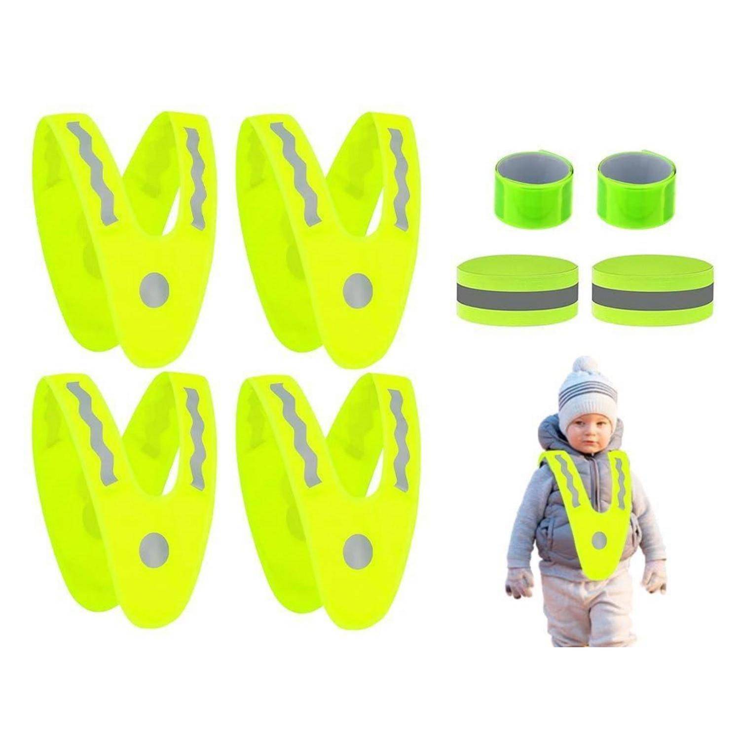 Warnweste aus hochsichtbarem neongelben reflektierendem Material und passendes reflektierendes Armband, gezeigt an einem Kind, mit Gurten und Bändern inbegriffen.