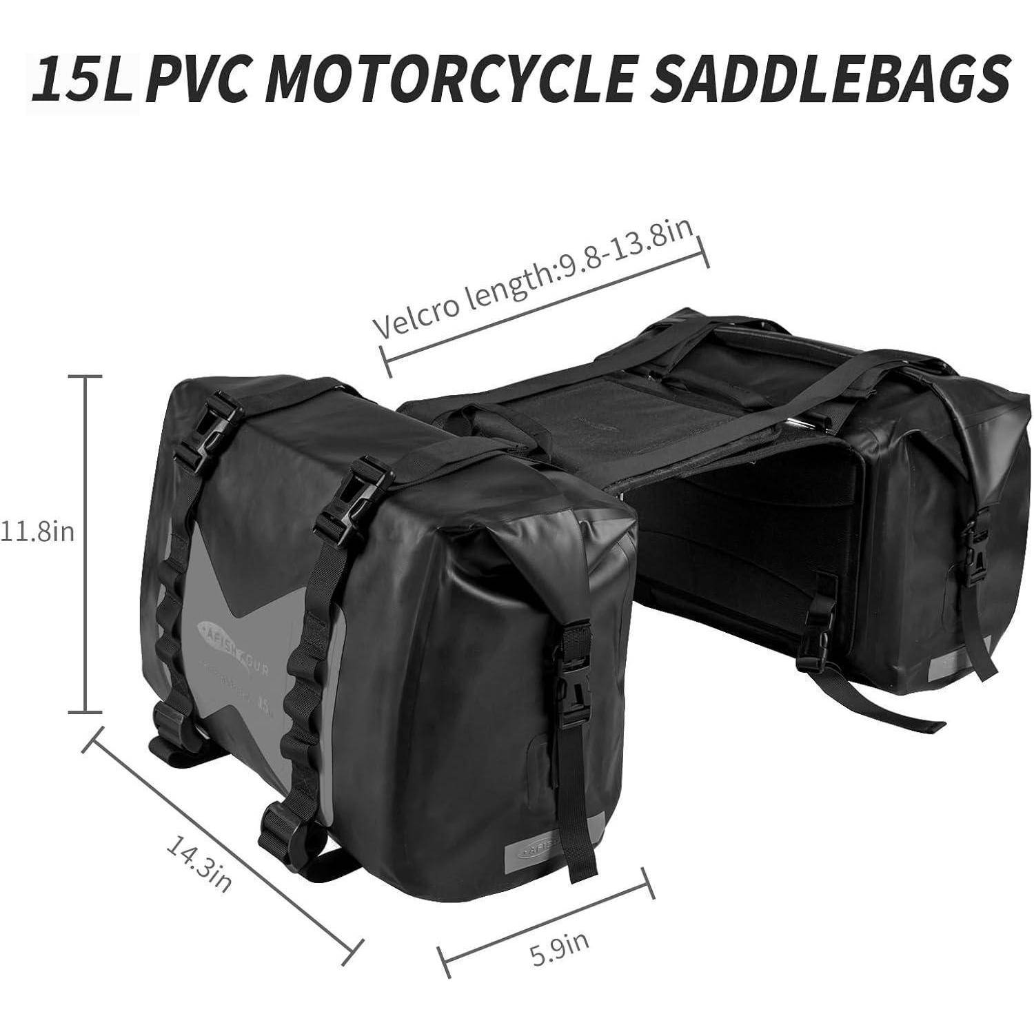 15L PVC Motorrad-Satteltaschen mit den Abmessungen: 14,3 Zoll lang, 11,8 Zoll hoch, 5,9 Zoll tief und Klettverschlusslänge 9,8-13,8 Zoll.