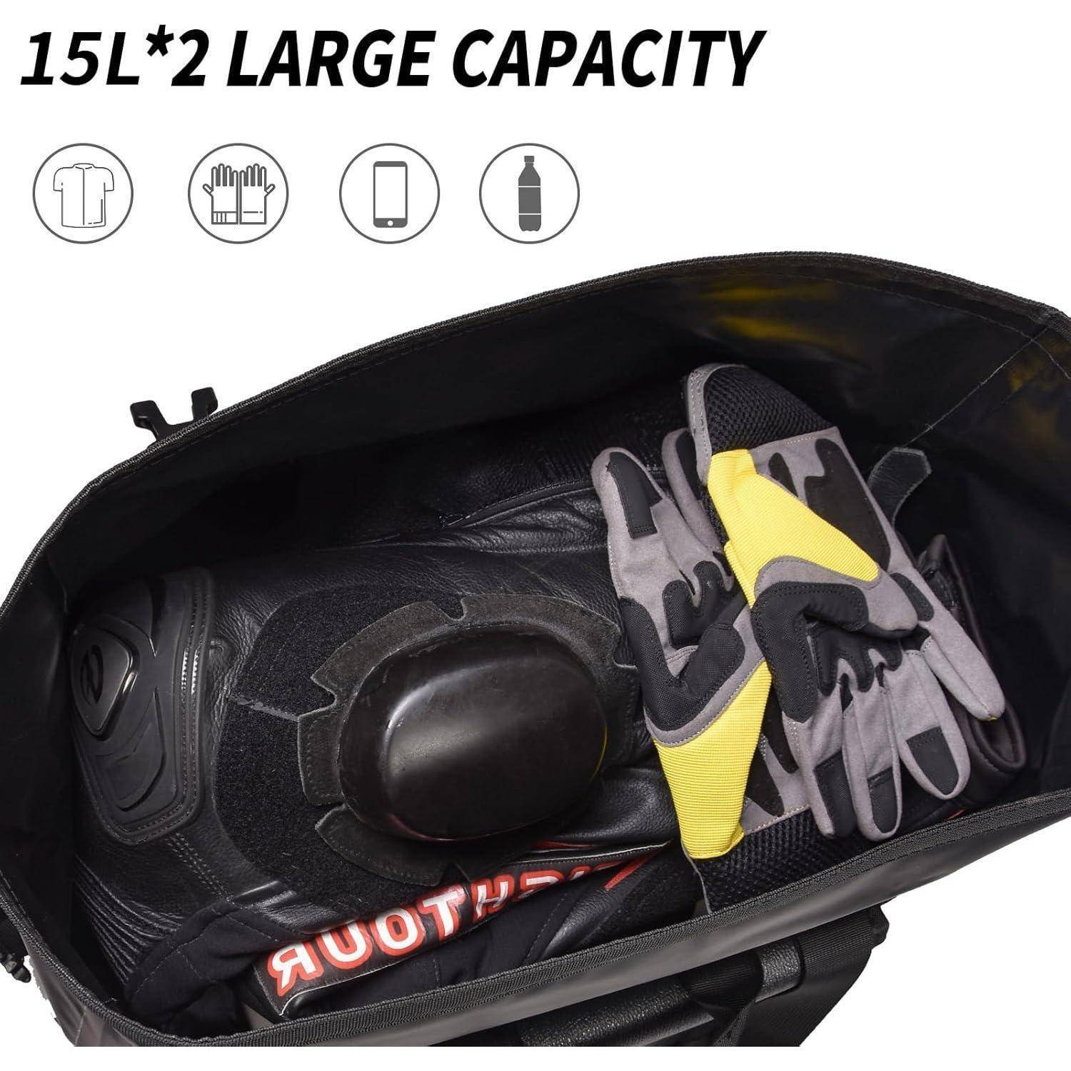 Offene schwarze Tasche mit der Aufschrift „15L*2 GROßE KAPAZITÄT" mit Motorradhelm, Handschuhen und Ausrüstung im Inneren, sowie Symbole für Kleidung, Handschuhe, Telefon und Flasche.