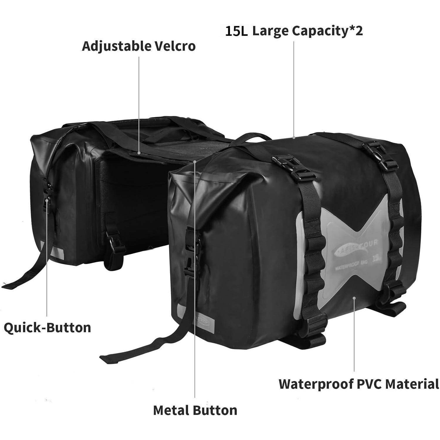 Zwei schwarze wasserdichte Fahrrad-Gepäcktaschen mit Beschriftungen für verstellbares Klettband, Schnellverschluss, Metallknopf und 15-L-Großvolumen x2.
