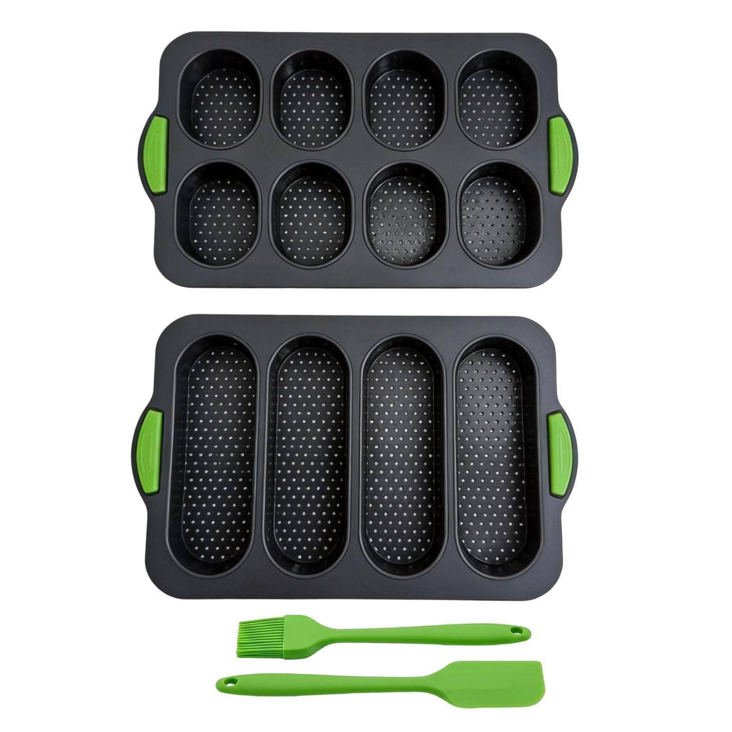 Antihaft-Backset mit zwei dunkelgrauen Pfannen mit grünen Griffen, einer 8er-Muffinform und einer 4er-Kastenform, plus grünem Spatel und Pinsel.