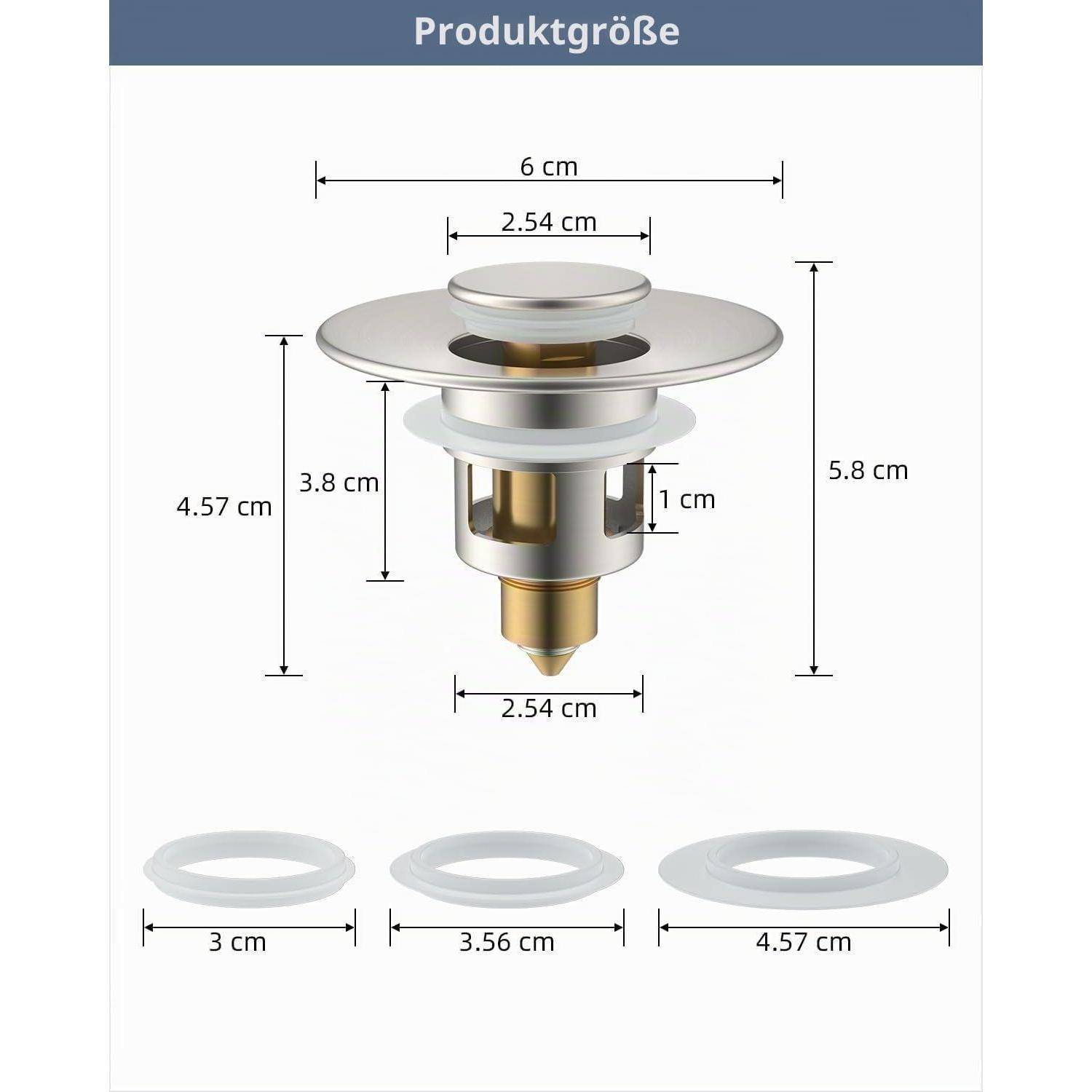 Größendiagramm eines Metall-Spülbeckenablaufstoppers mit den folgenden Abmessungen: 6 cm obere Breite, 5,8 cm Höhe, 4,57 cm und 3,8 cm Körpermessungen sowie drei Ringgröße: 3 cm, 3,56 cm, 4,57 cm.