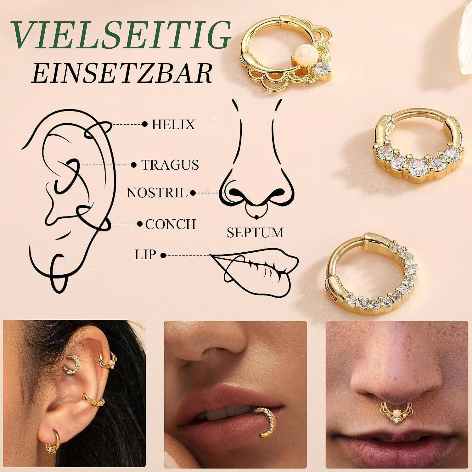 Werbegrafik zeigt goldfarbene Nasen-, Lippen- und Ohrpiercings; beschriftetes Platzierungsdiagramm für Helix, Tragus, Nasenloch, Conch, Septum und Lippe mit Beispielfotos von jeweils getragenen Piercings.