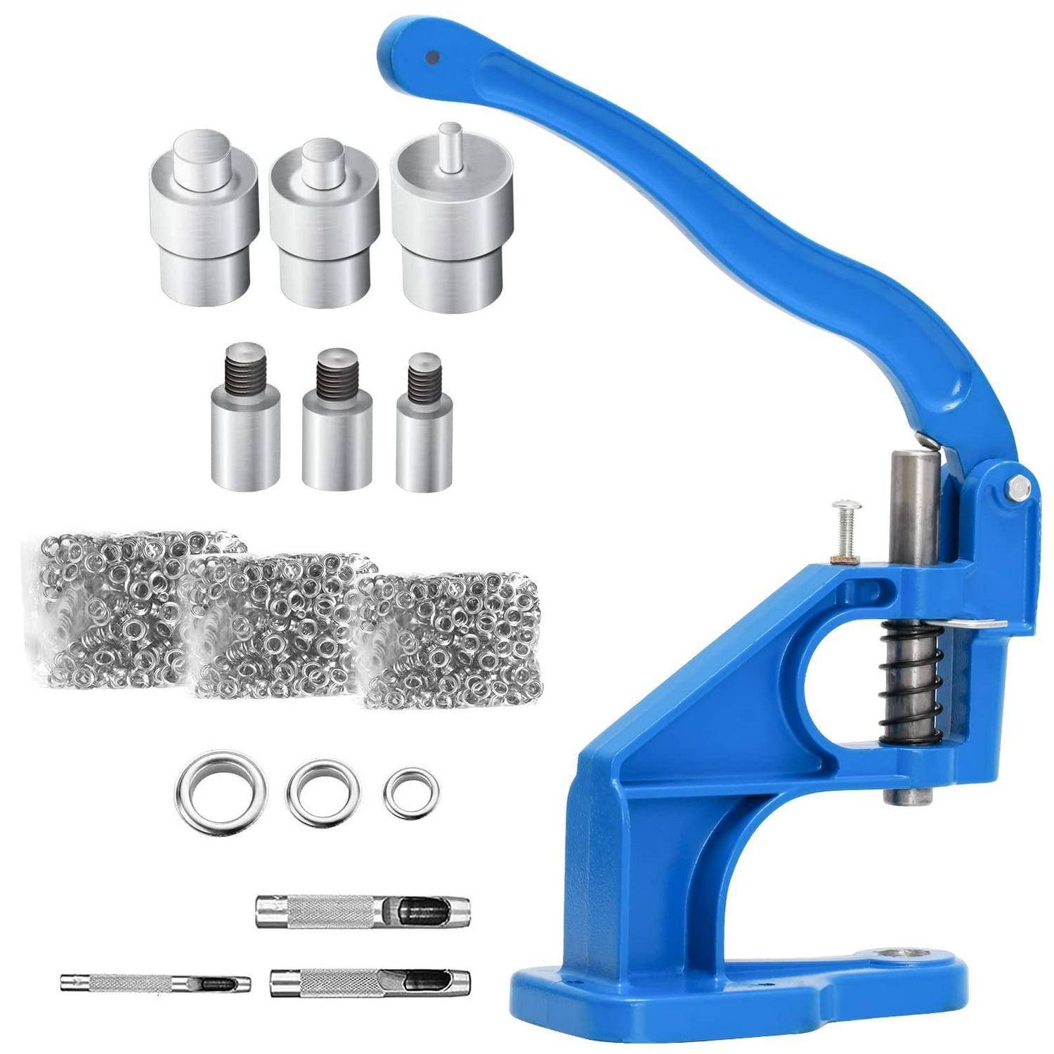 Blaumaschine zum Drücken von Handbedienelementen mit austauschbaren Prägestempeln, Metallpfosten, Befestigungselementen, Ösen und Werkzeugeinsätzen, die daneben auf weißem Hintergrund angeordnet sind.