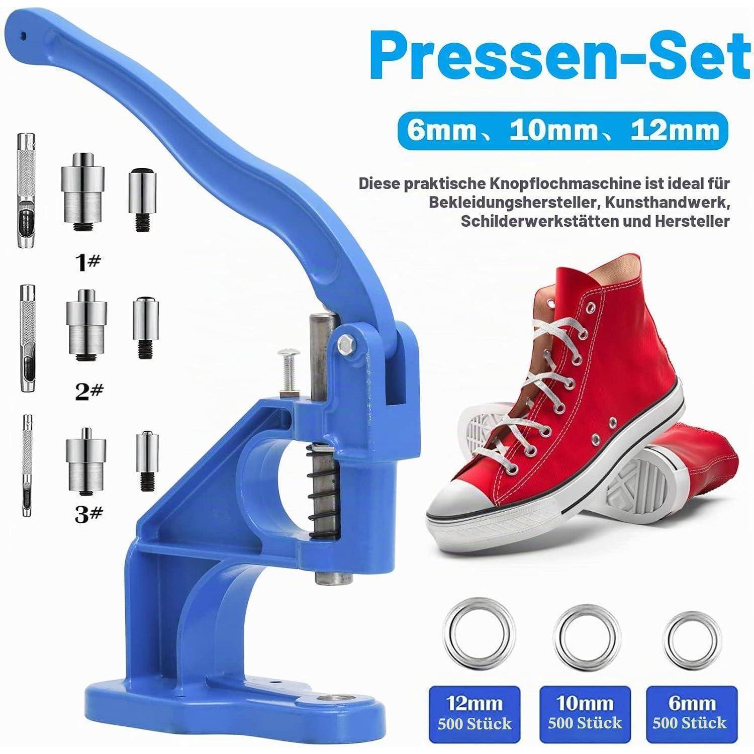 Blauwe handpersmaschineset met 6mm, 10mm en 12mm knoopdorsen; afgebeeld met rode sneakers en vervangingsknoopringe.