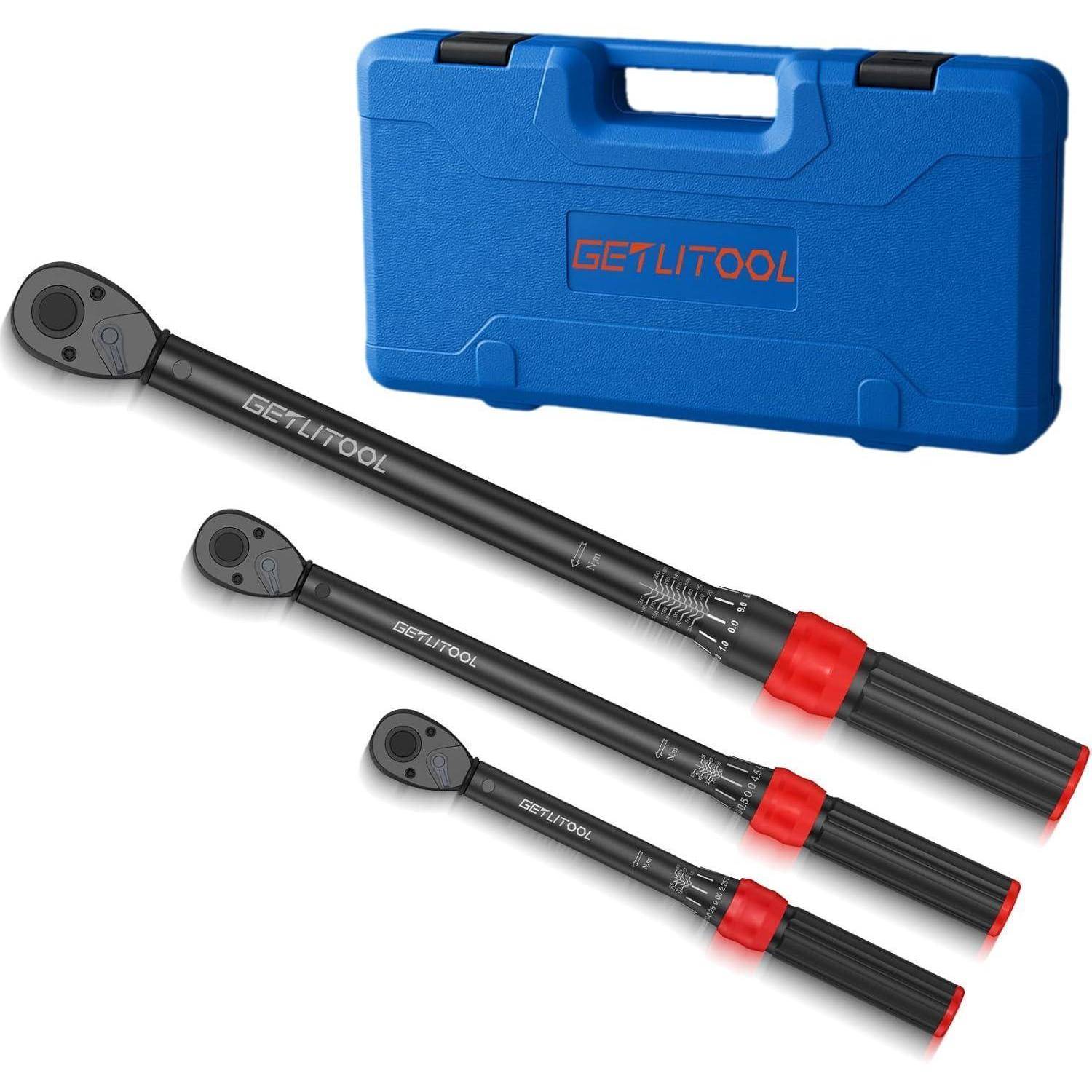 GETLITOOL Drehmomentschlüssel Set 1/4" 3/8" 1/2", Cr-Mo-Stahl Torque Wrench mit 72 Zähne Wende Ratschen, ±3% Fehlergenauigkeit, 5-25Nm 10-60Nm 20-2