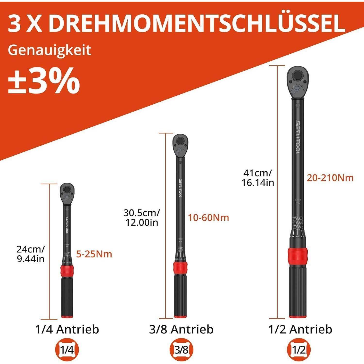 GETLITOOL Drehmomentschlüssel Set 1/4" 3/8" 1/2", Cr-Mo-Stahl Torque Wrench mit 72 Zähne Wende Ratschen, ±3% Fehlergenauigkeit, 5-25Nm 10-60Nm 20-2