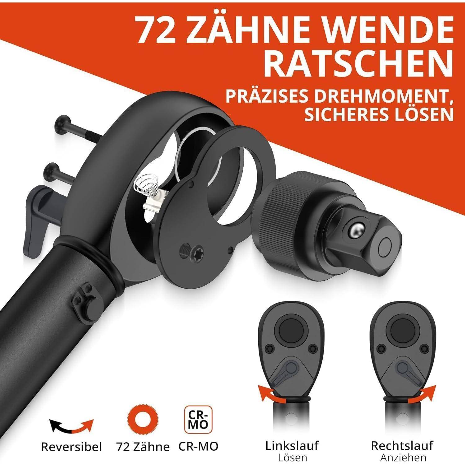 Produktbild eines umkehrbaren 72-Zahn-Ratschenschlüssels mit CR-MO-Konstruktion, zeigt Links- und Rechtsbetrieb und den Text „Präzises Drehmoment, sicheres Lösen