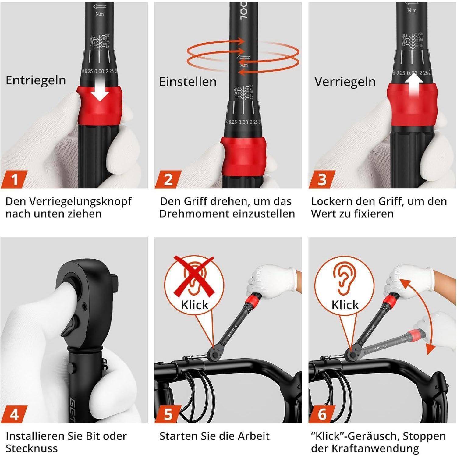 GETLITOOL Drehmomentschlüssel Set 1/4" 3/8" 1/2", Cr-Mo-Stahl Torque Wrench mit 72 Zähne Wende Ratschen, ±3% Fehlergenauigkeit, 5-25Nm 10-60Nm 20-2