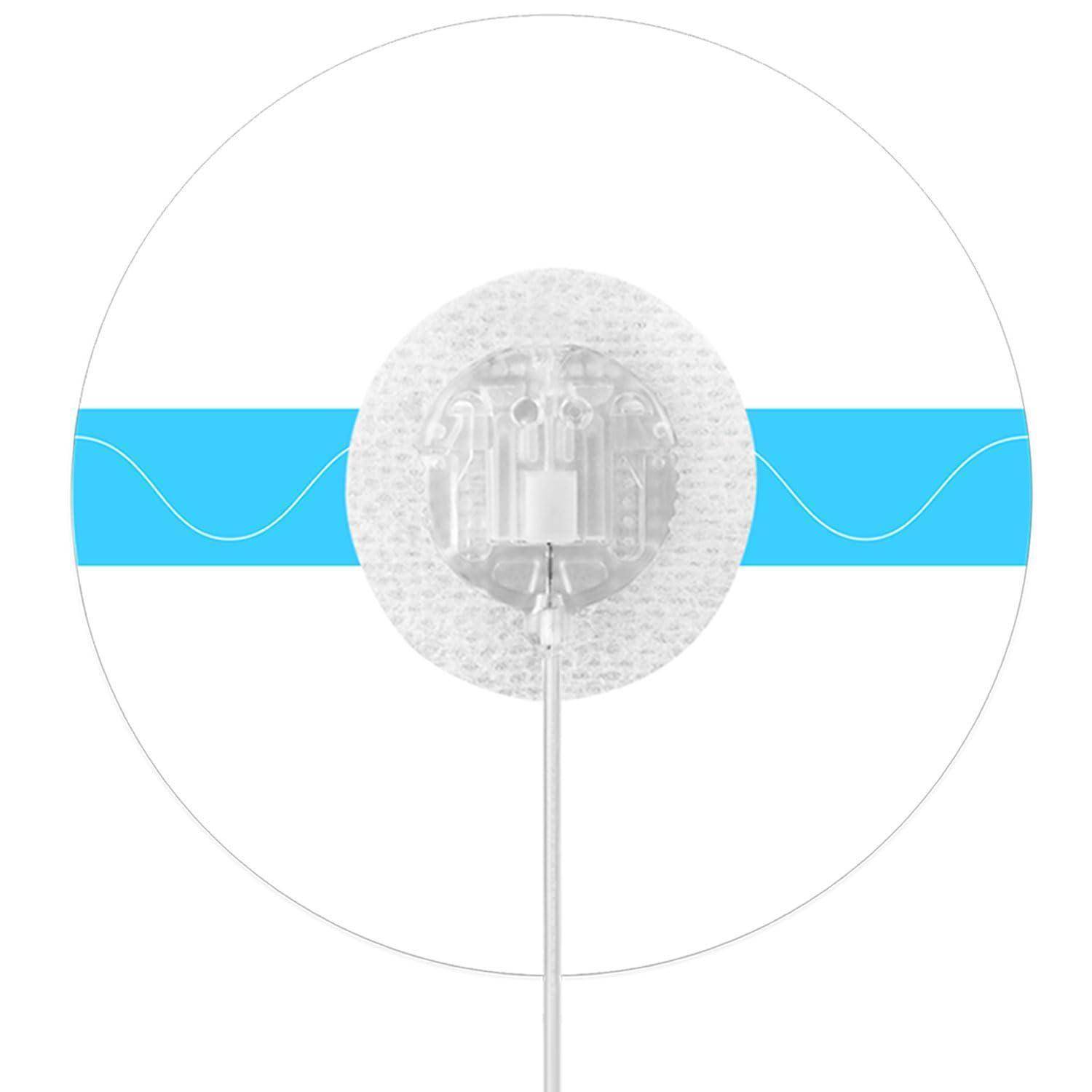 Medizinisches Sensor-Pflaster mit einem zentralen durchscheinenden IV-ähnlichen Gerät und dünnem Schlauch über einem blauen horizontalen Band auf weißem kreisförmigem Hintergrund.