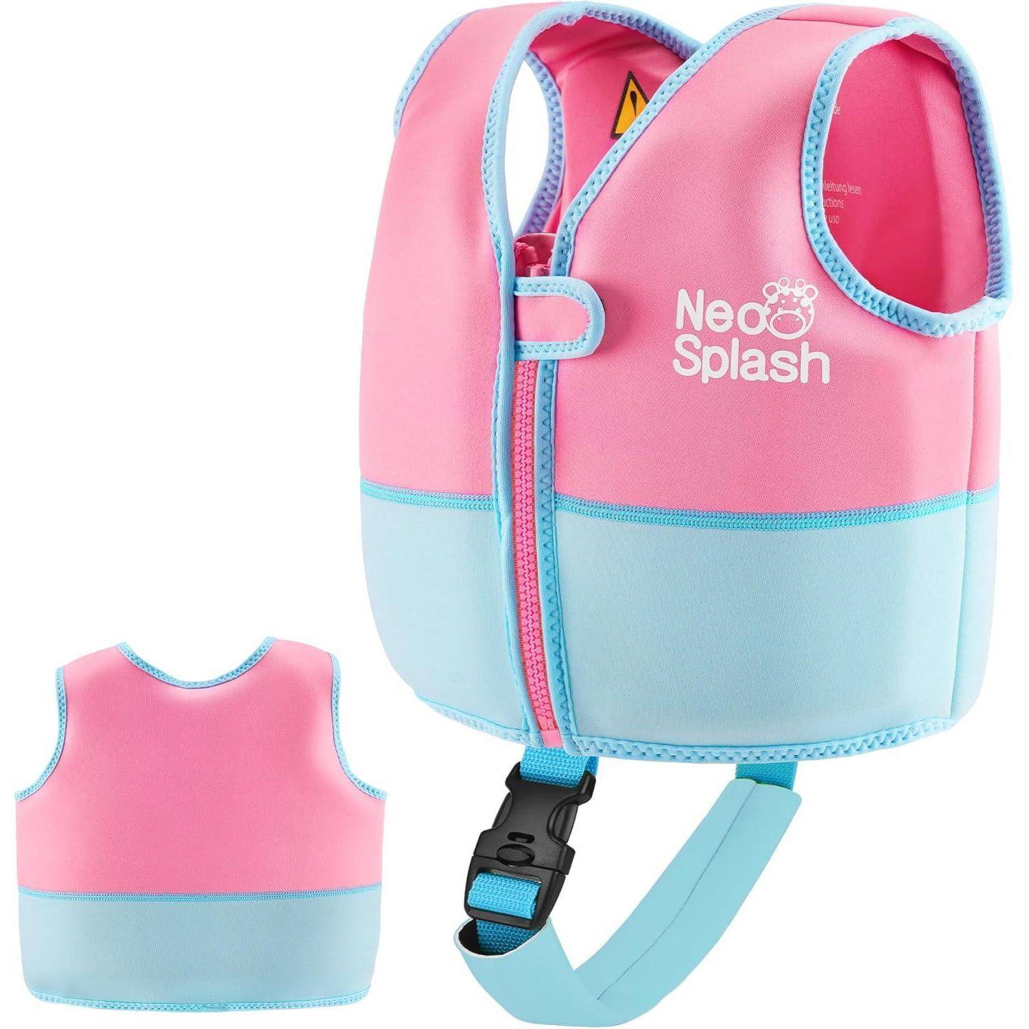 Rosa und hellblaue Neo Splash Kinder-Schwimmweste mit Frontreißverschluss, Schultergurten und angebrachtem Sicherheitsverschluss, von vorne und von hinten gezeigt.