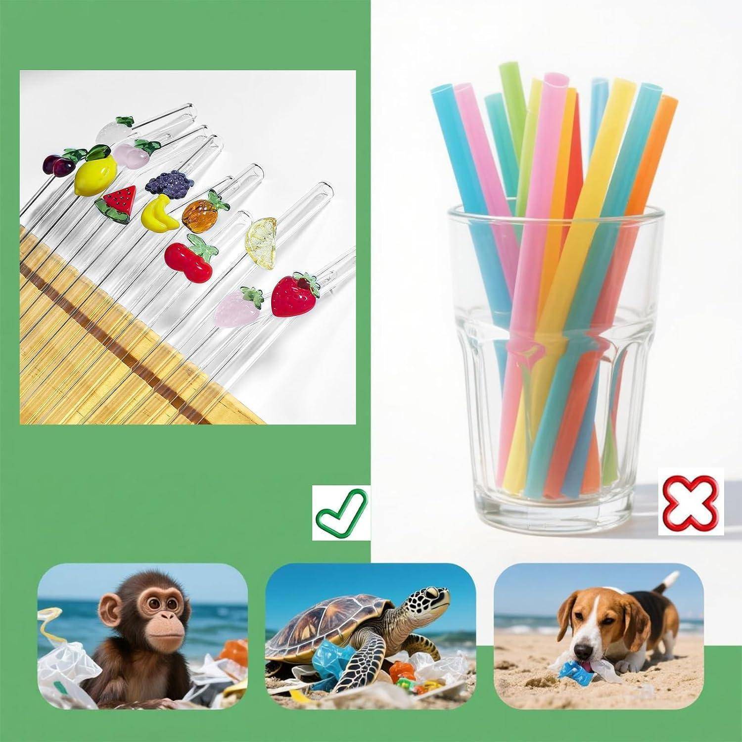 Dekorative Collage mit bunten wiederverwendbaren Glashalmen mit Fruchtdekorationen und einem Becher mit Kunststoffhalmen, der mit einem roten X markiert ist, sowie reinigungsbezogenen Tierbildern.