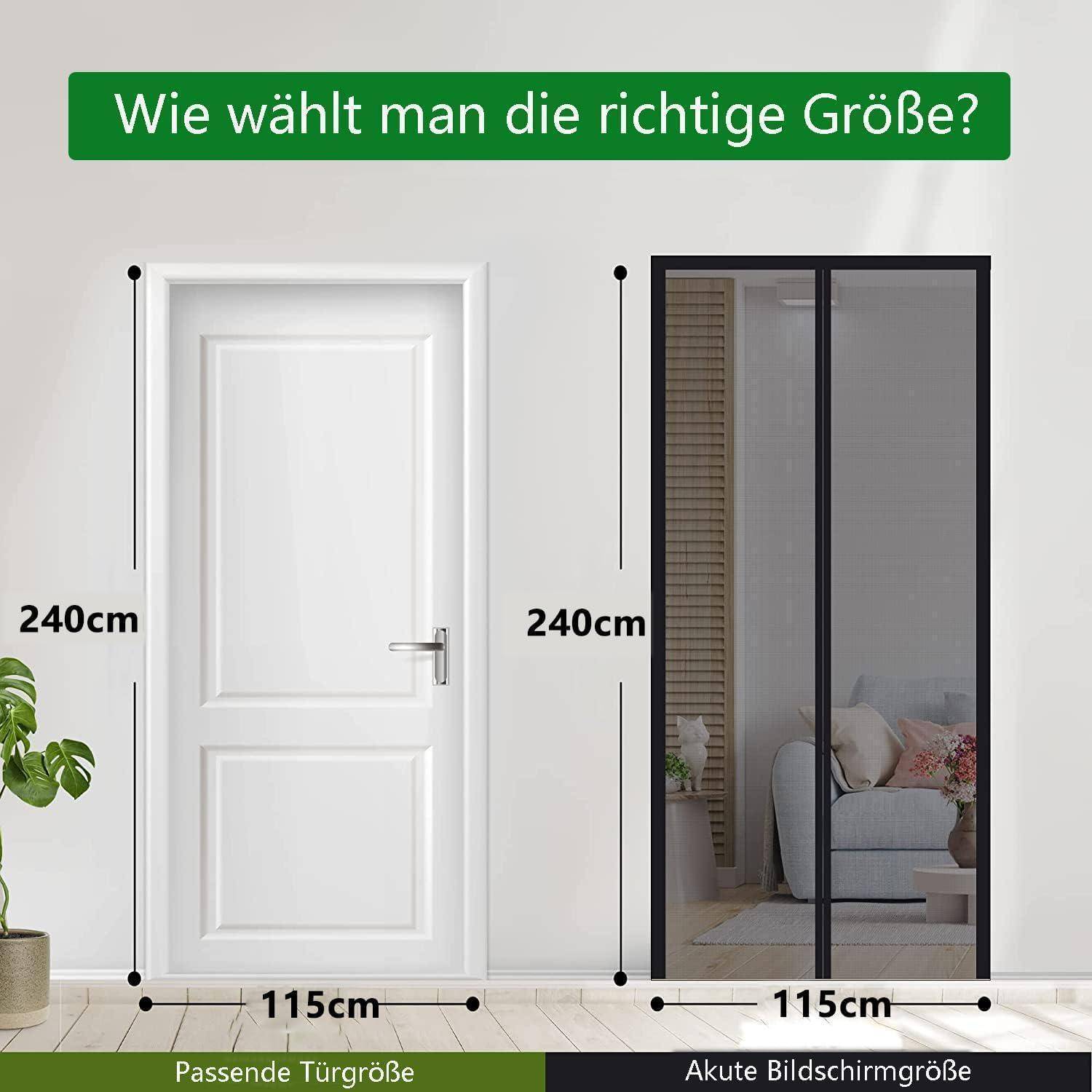 Illustration zum Vergleich von Türgrößen: Links zeigt eine 240 cm x 115 cm große Tür mit der Beschriftung „Passende Türgröße
