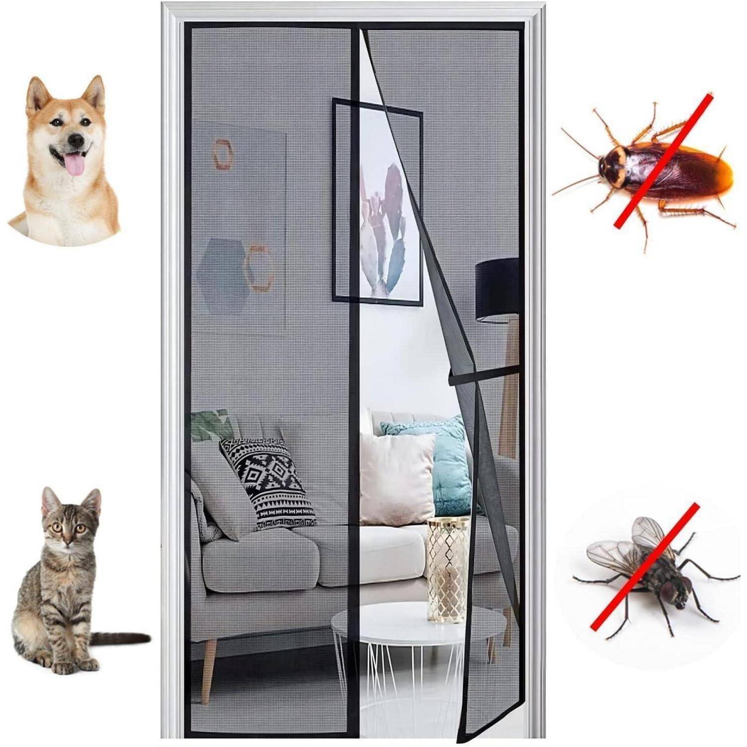 Magnetische Fliegengittertür mit zentrierten Netzpaneelen für freihändigen Zugang; Bilder zeigen, dass sie Hunde, Katzen und Insekten abhält und gleichzeitig Zugang ermöglicht.