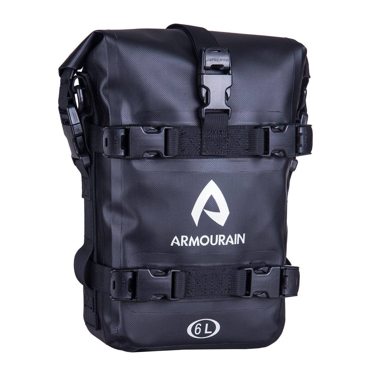 Schwarzer wasserdichter Roll-Top-Rucksack mit Schnallen, Marke 'ARMOURAIN', mit 6-Liter-Kapazität.