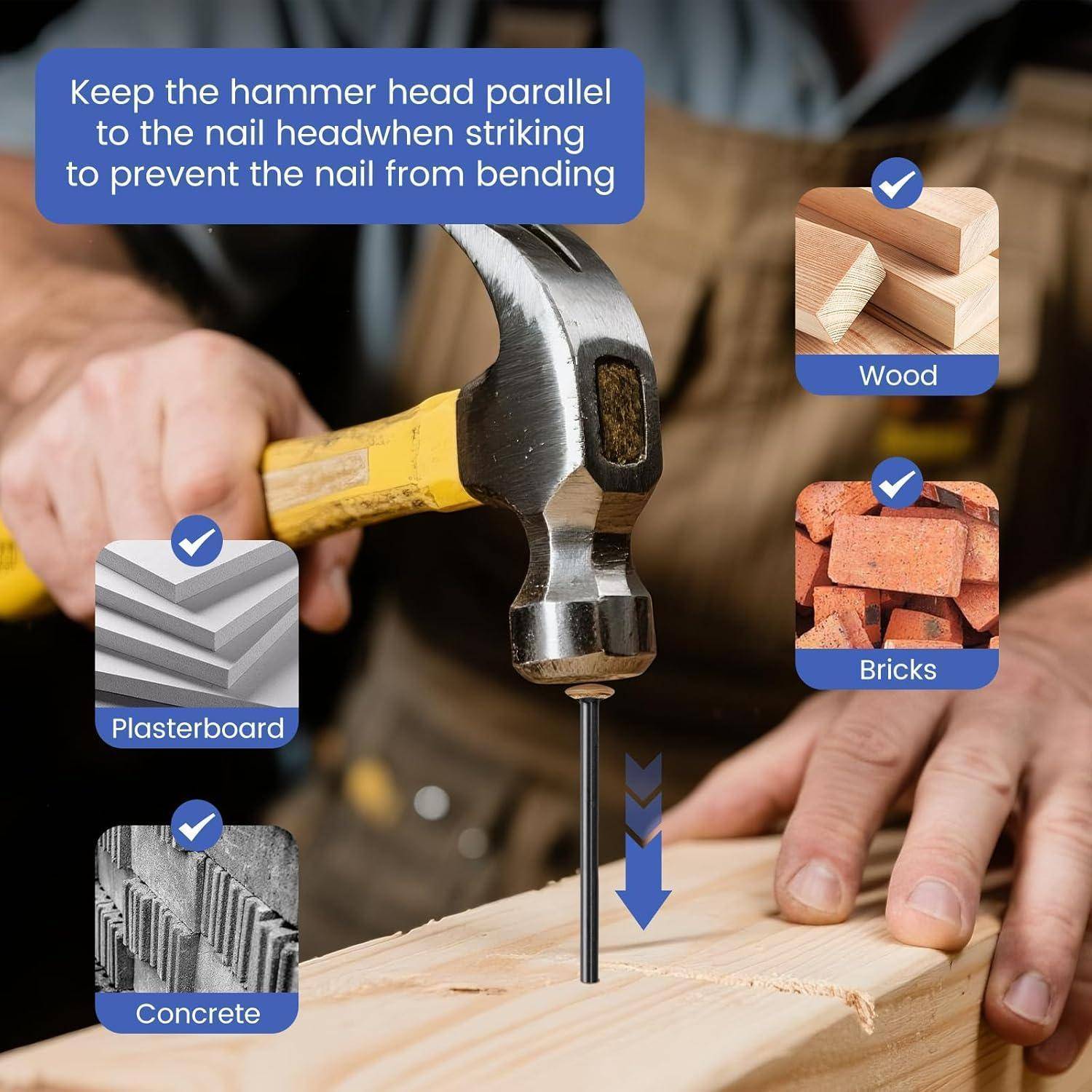 Das Einschlagen eines Nagels in Holz mit der Anweisung, den Hammerkopf parallel zum Nagel zu halten; Beispiele für geeignete Oberflächen sind Holz, Ziegel, Gipskarton und Beton.