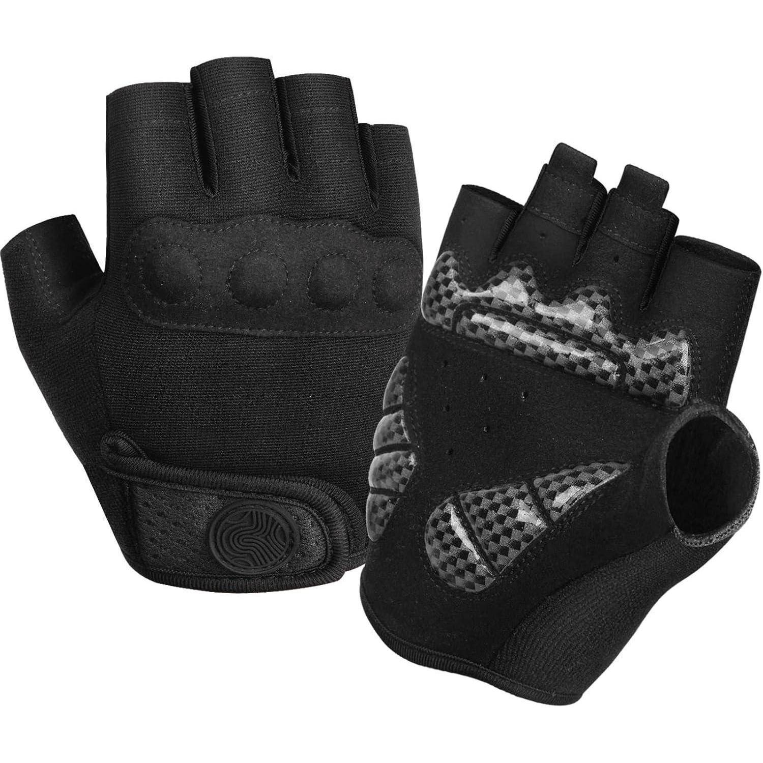 Paar schwarze fingerlose Radfahrhandschuhe mit gepolsterten Handflächen und strukturierten Griffpaneelen, von vorne und hinten auf weißem Hintergrund gezeigt.