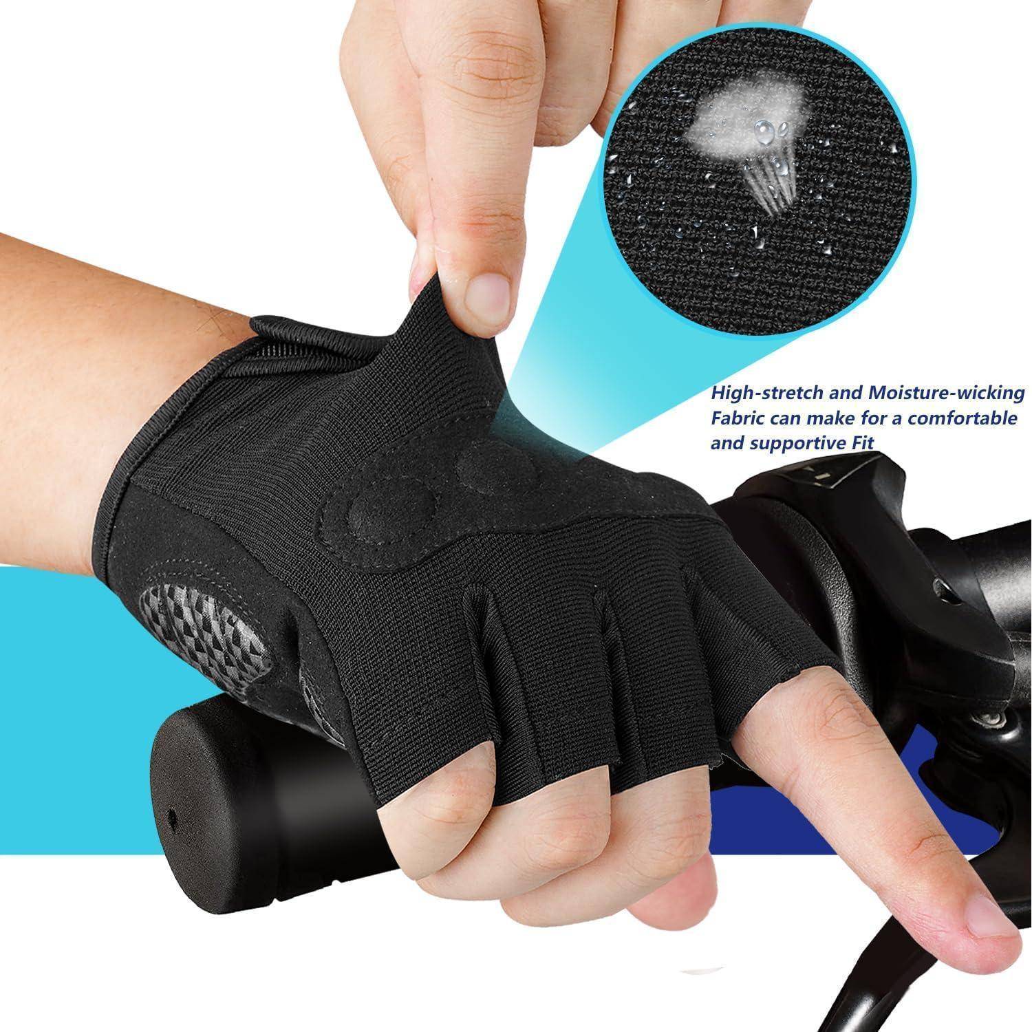 Nahaufnahme eines schwarzen fingerfreien Fahrradhandschuhs, der gedehnt wird, wobei das atmungsaktive, feuchtigkeitsableitende Gewebe und der gepolsterte Handflächengriff am Lenker hervorgehoben werden.