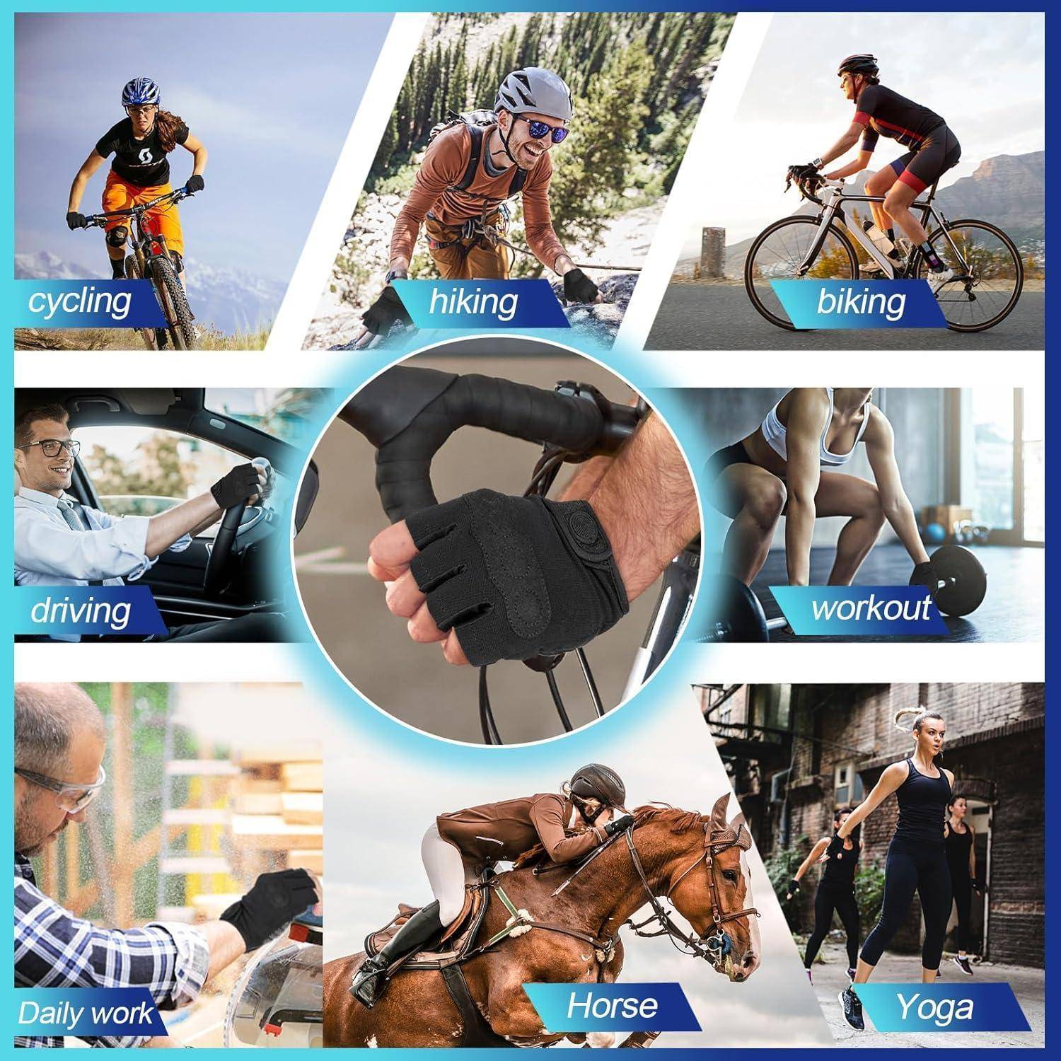 Collage von Handschuhverwendungen: Radfahren, Wandern, Biking, Autofahren, Training, tägliche Arbeit, Reiten und Yoga, zentriert auf eine Nahaufnahme eines fingerlos geschnittenen Handschuhs.